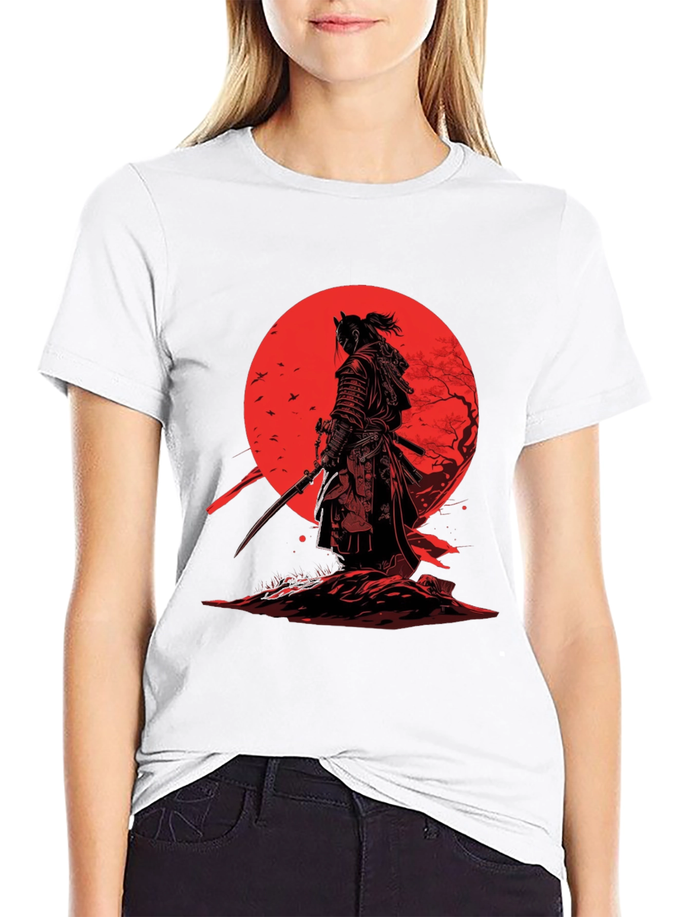 Samurai T-Shirt - Red Moon Japanese Warrior Design