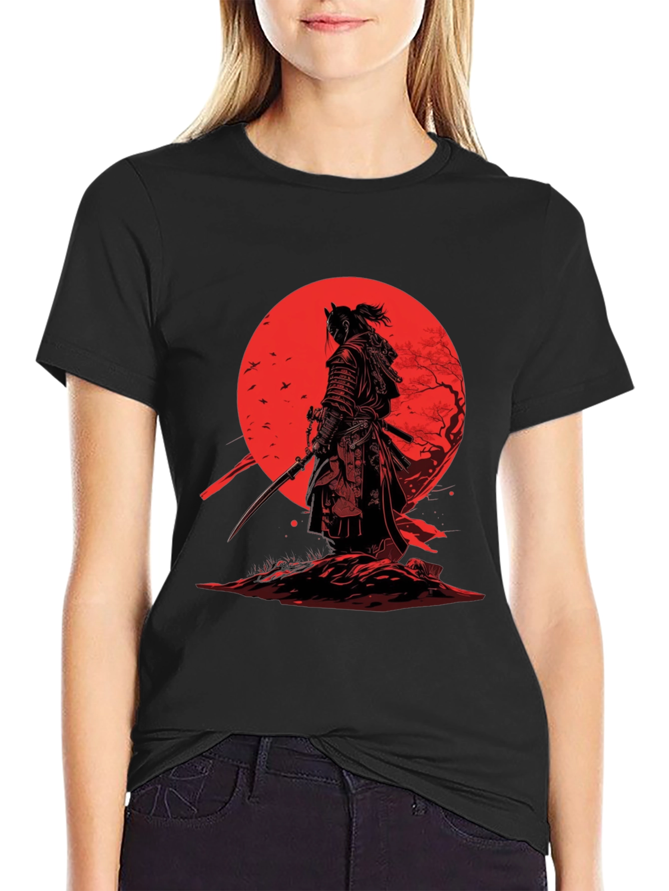 Samurai T-Shirt - Red Moon Japanese Warrior Design