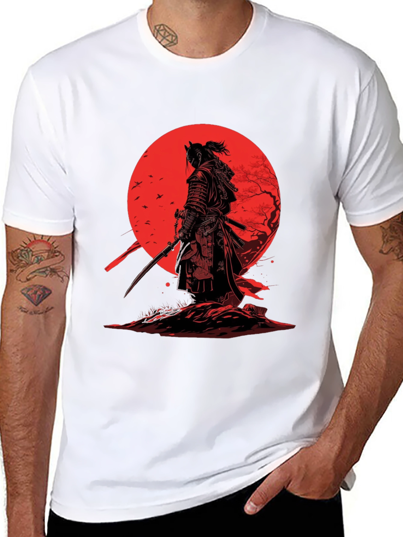 Samurai T-Shirt - Red Moon Japanese Warrior Design