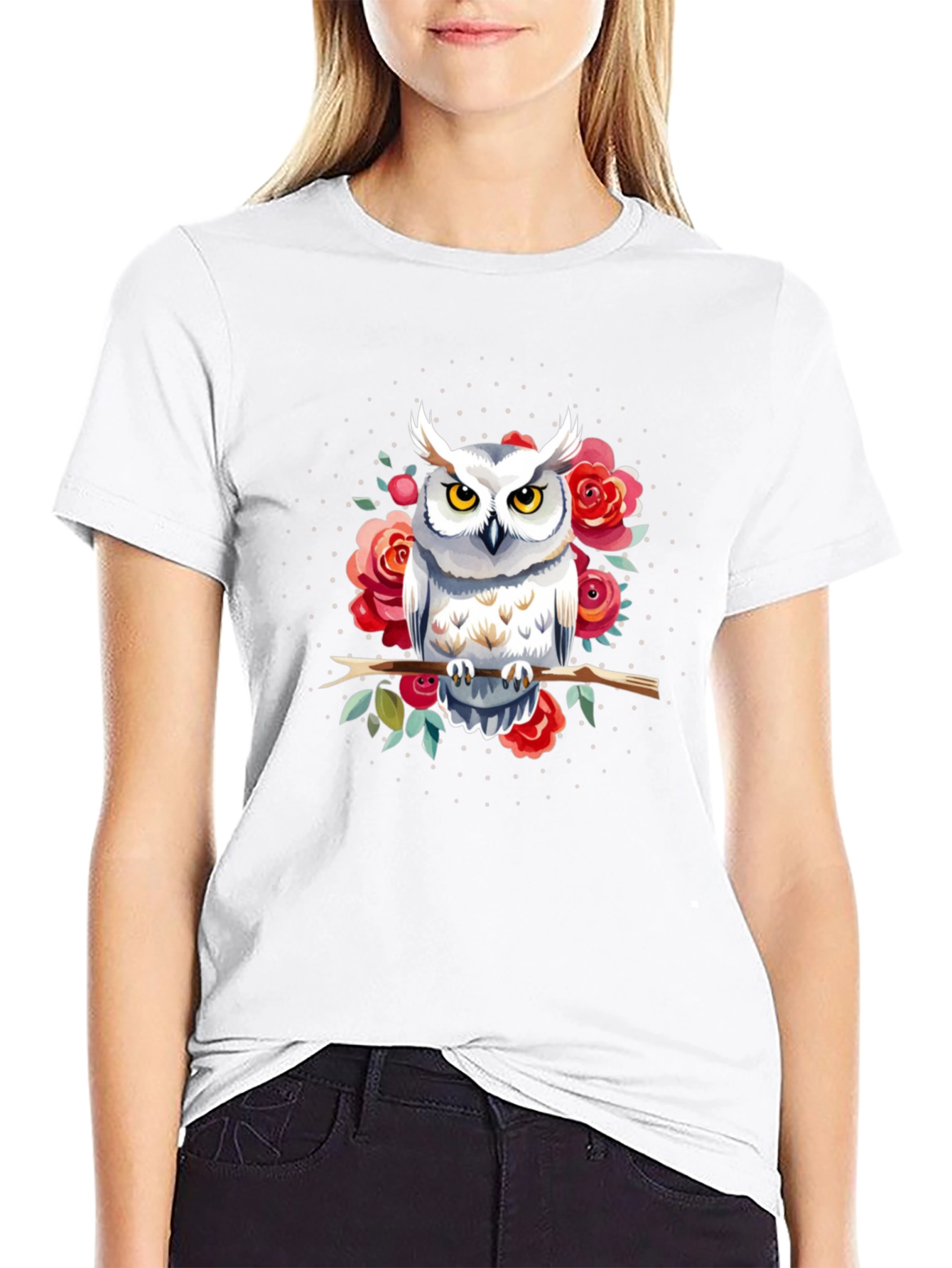 Owl and Roses Graphic Print Mens T-Shirt