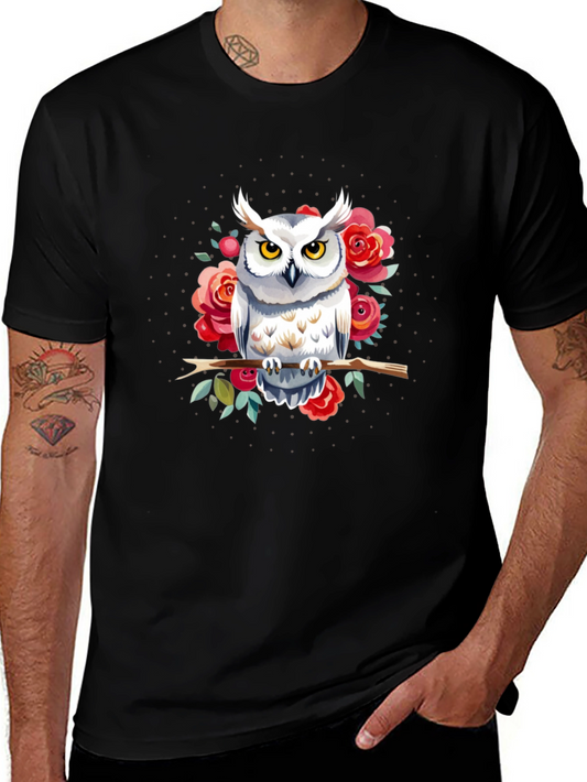 Owl and Roses Graphic Print Mens T-Shirt