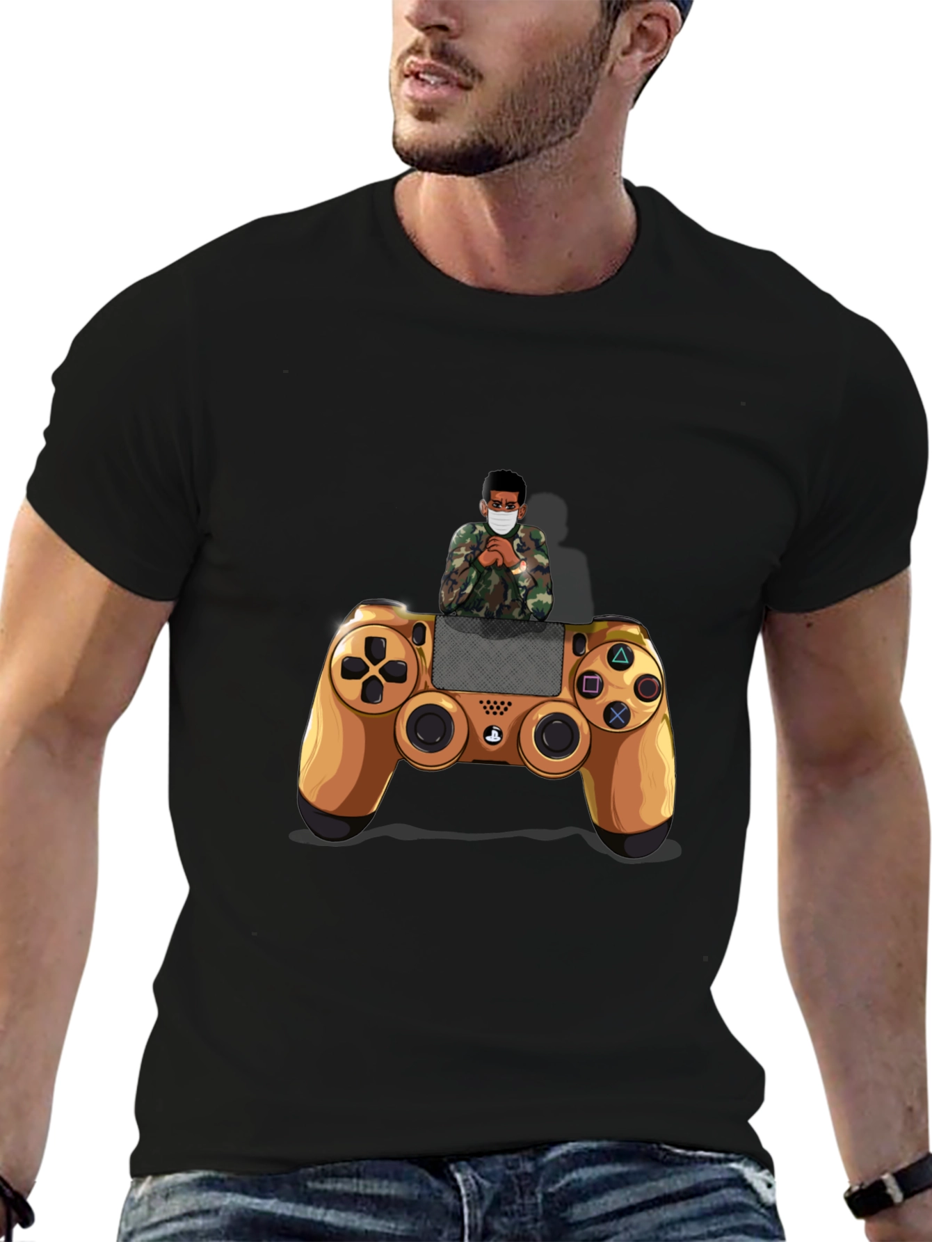 Gamer Style Black T-Shirt with Controller Design