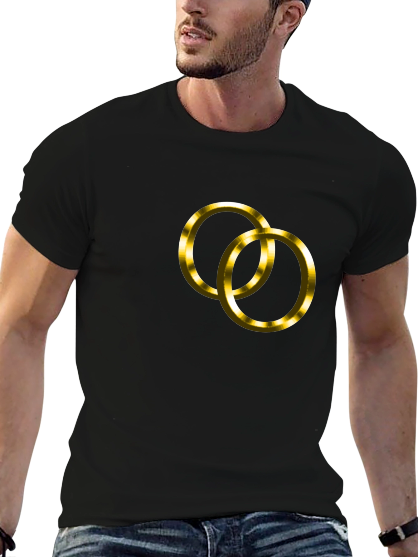 Black T-Shirt with Golden Wedding Rings Design