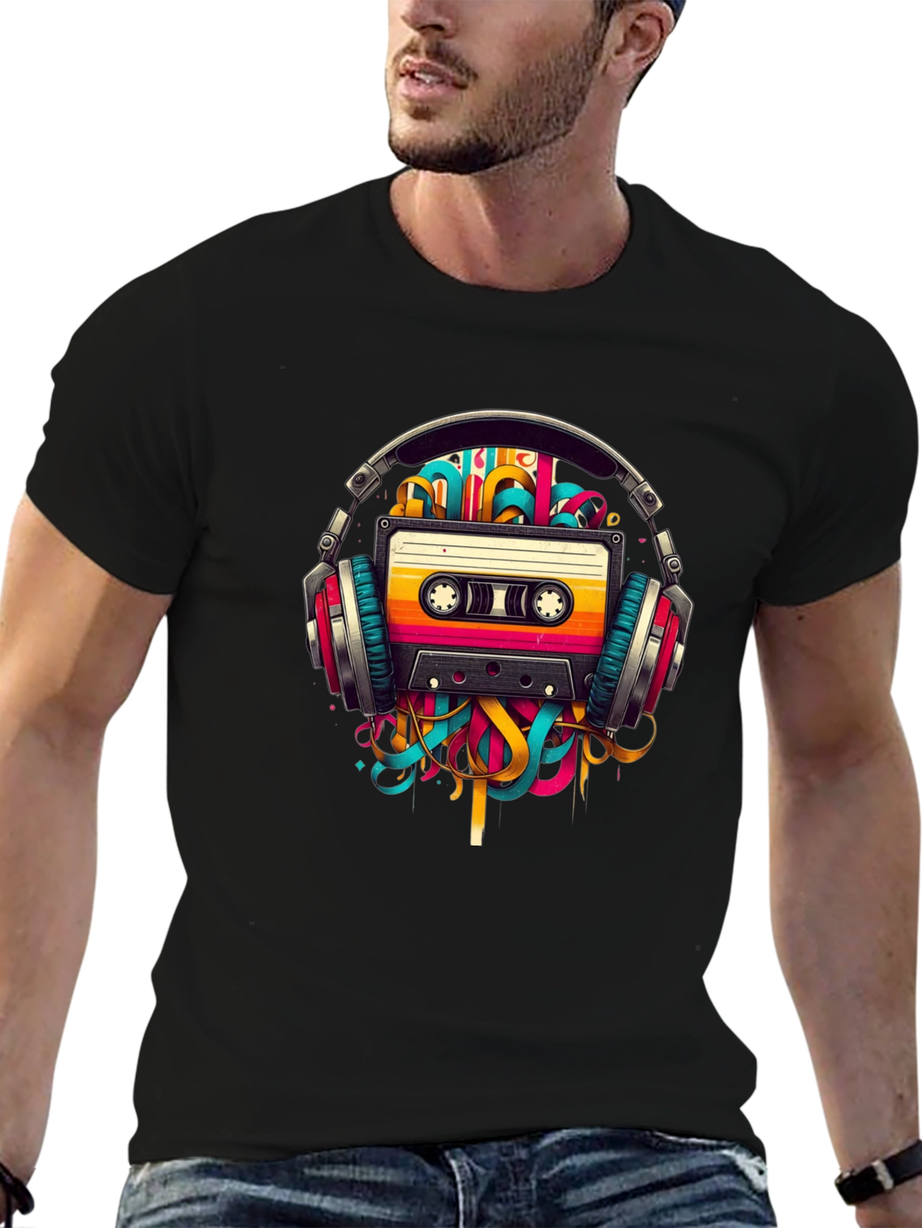 Retro Cassette Tape Headphones Graphic T-Shirt