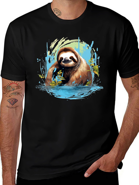 Sloth in Water Black T-Shirt - Relaxed Wildlife Tee