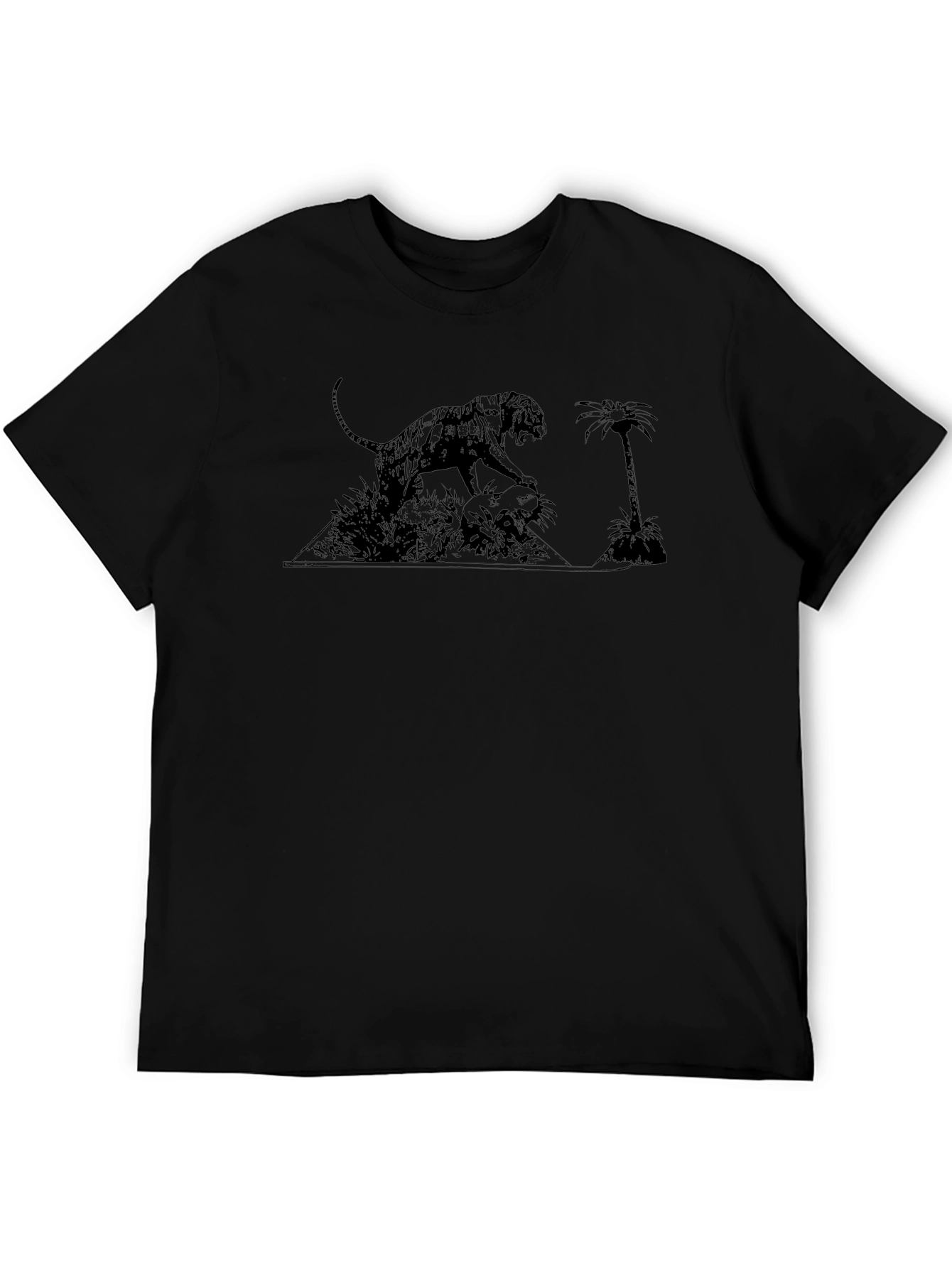 Black T-Shirt with Tiger & Palm Tree Graphic Print