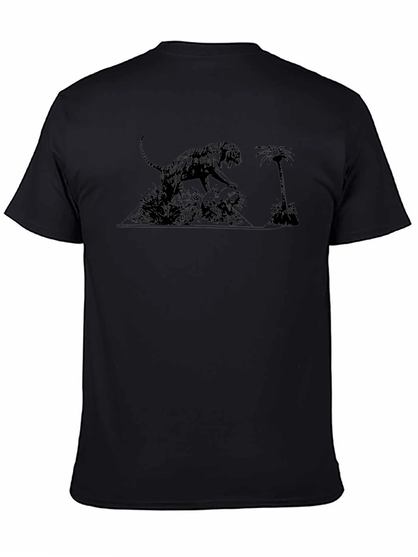 Black T-Shirt with Tiger & Palm Tree Graphic Print