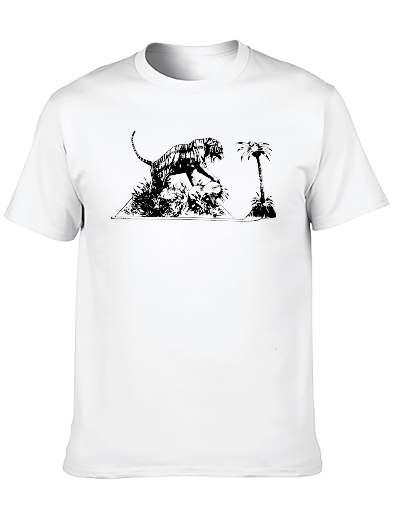 Black T-Shirt with Tiger & Palm Tree Graphic Print