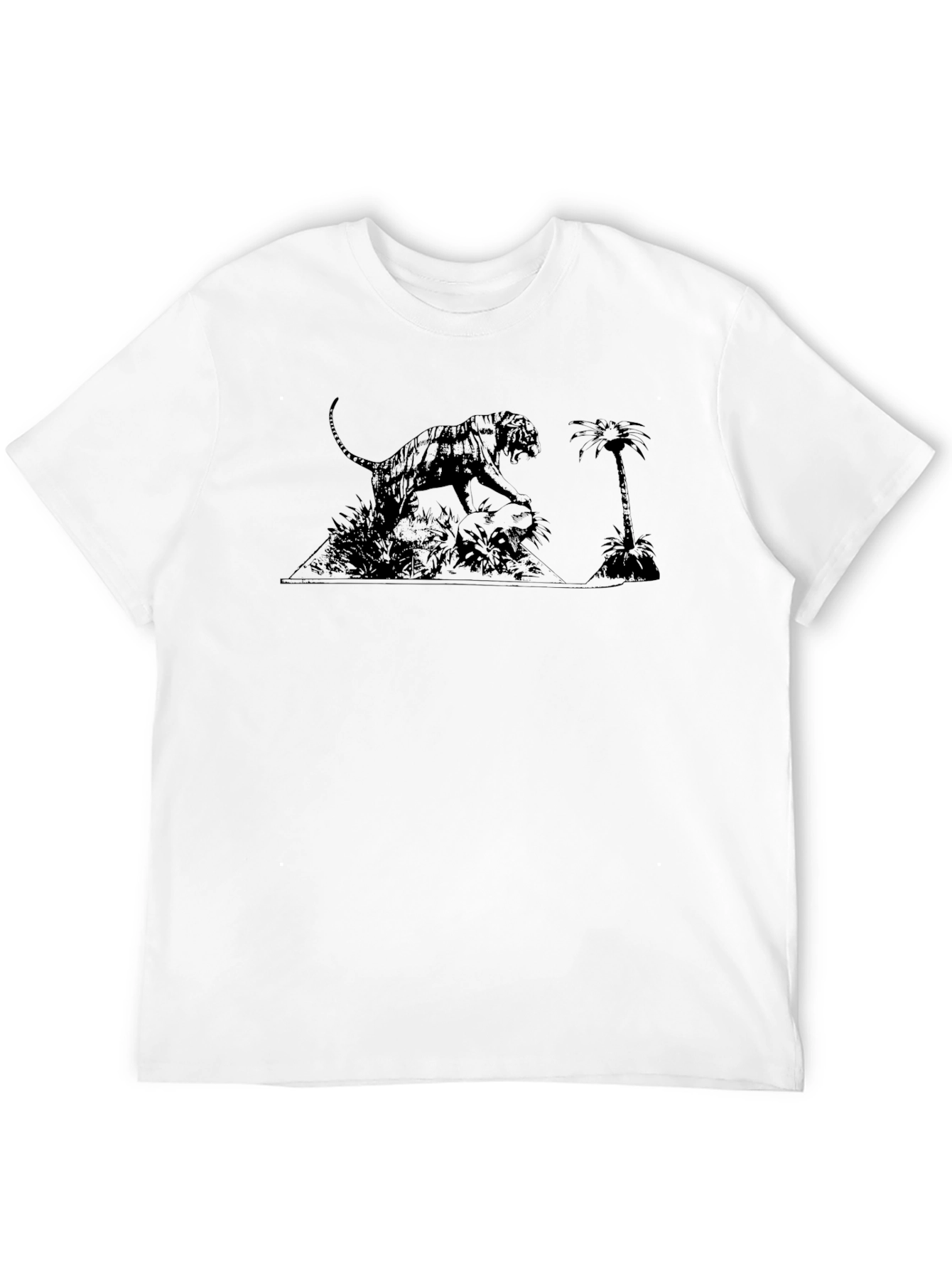 Black T-Shirt with Tiger & Palm Tree Graphic Print