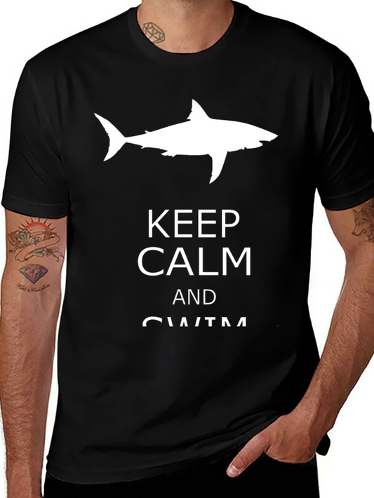 Keep Calm and Swim Black T-Shirt with Shark
