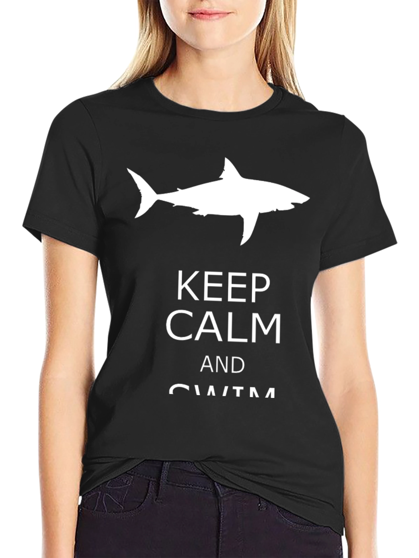 Keep Calm and Swim Black T-Shirt with Shark