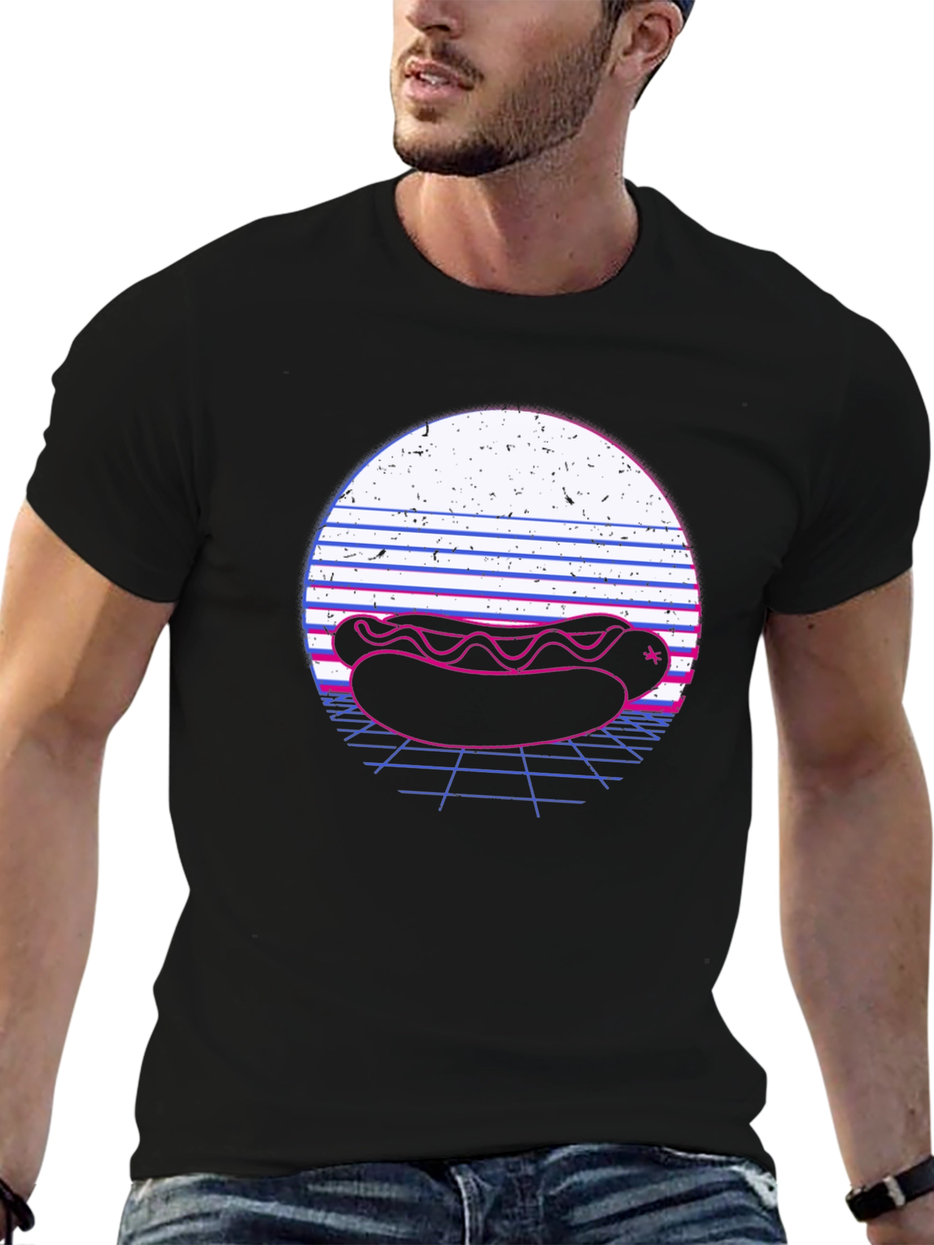 Retro Hotdog Graphic Tee - Black Cotton T-Shirt