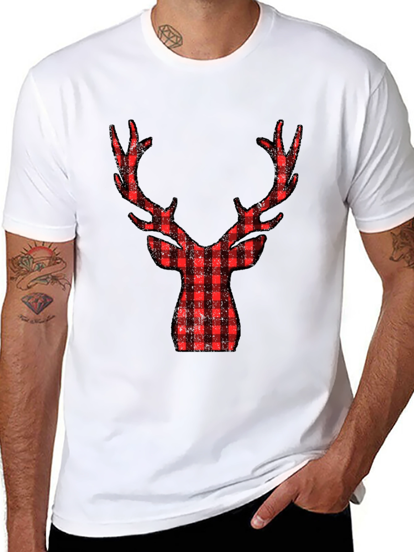 Plaid Reindeer Graphic Tee - Black Cotton Shirt