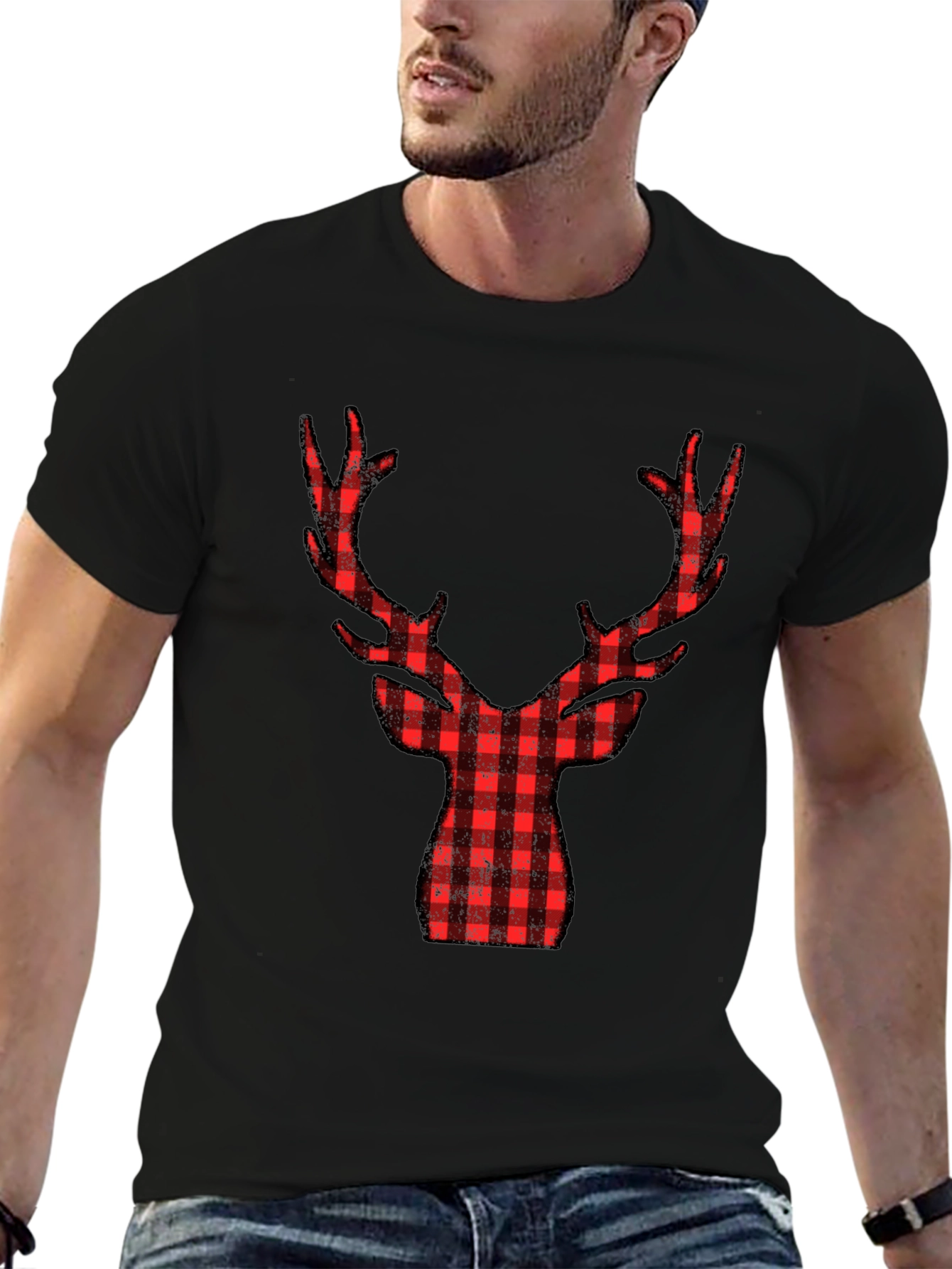 Plaid Reindeer Graphic Tee - Black Cotton Shirt