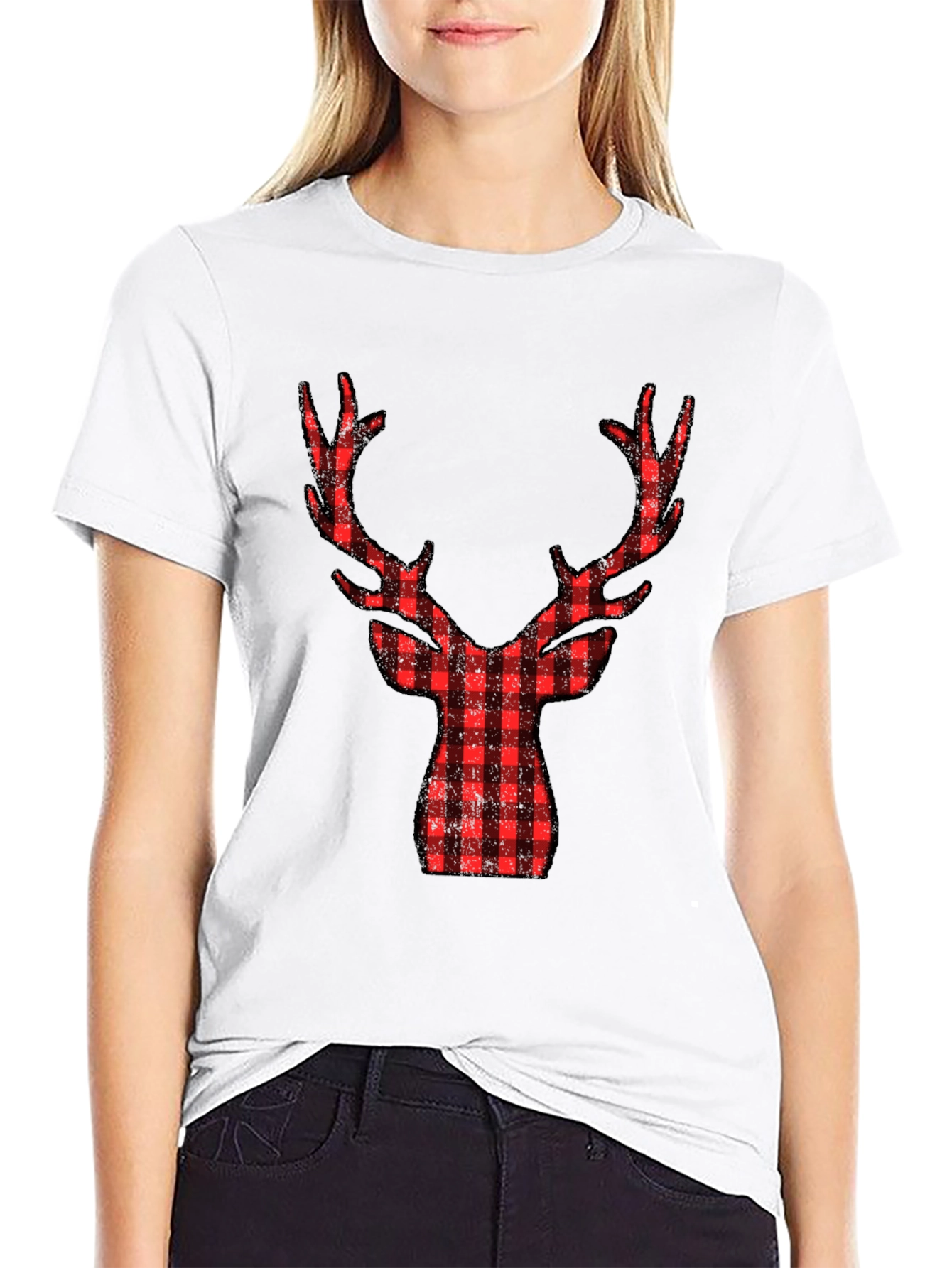 Plaid Reindeer Graphic Tee - Black Cotton Shirt