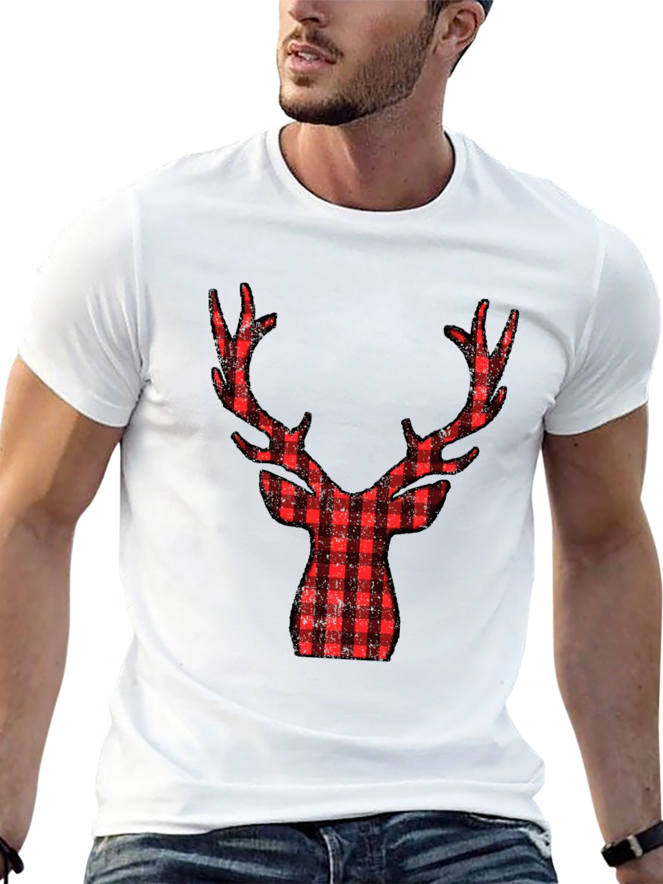 Plaid Reindeer Graphic Tee - Black Cotton Shirt