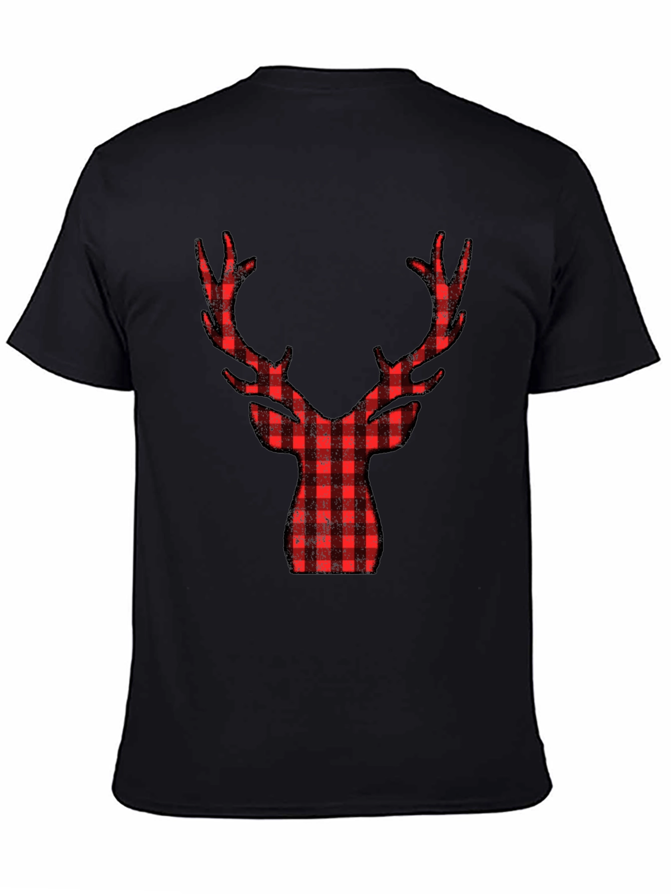 Plaid Reindeer Graphic Tee - Black Cotton Shirt