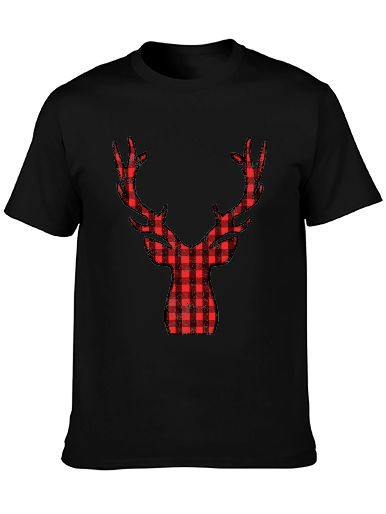 Plaid Reindeer Graphic Tee - Black Cotton Shirt