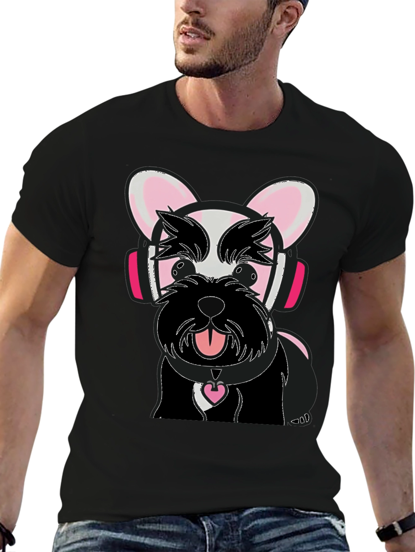 Dog with Headphones Graphic Tee - Black