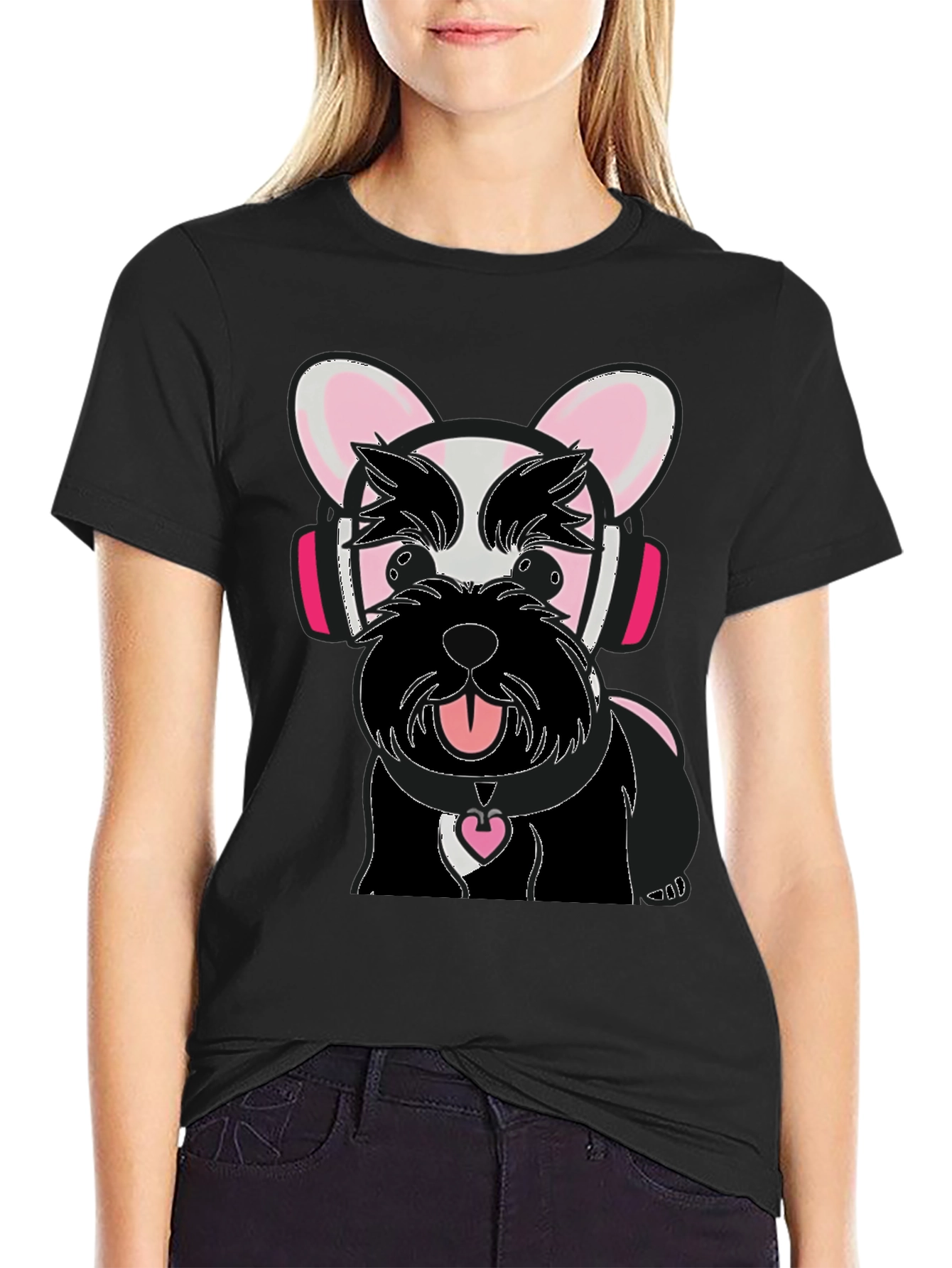 Dog with Headphones Graphic Tee - Black