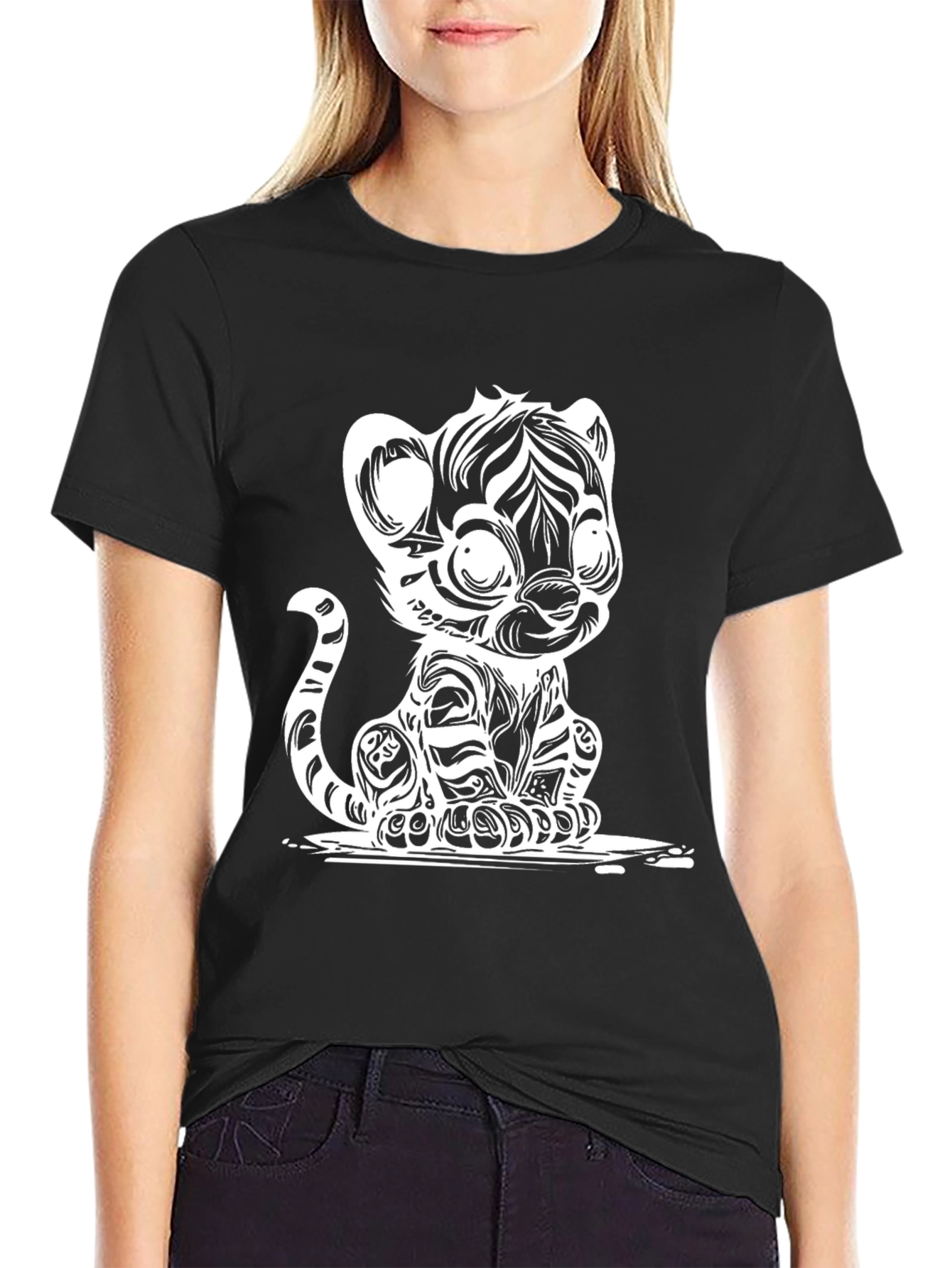Cartoon Tiger Graphic Tee - Black