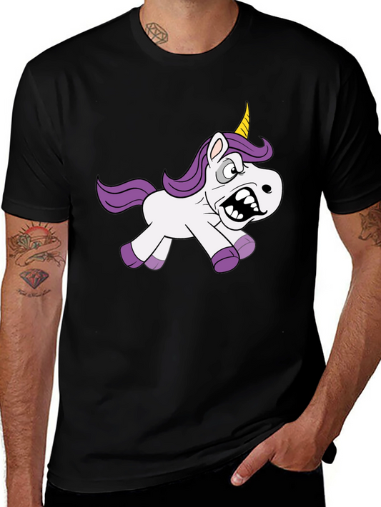 Mens Black T-Shirt with Angry Unicorn Graphic