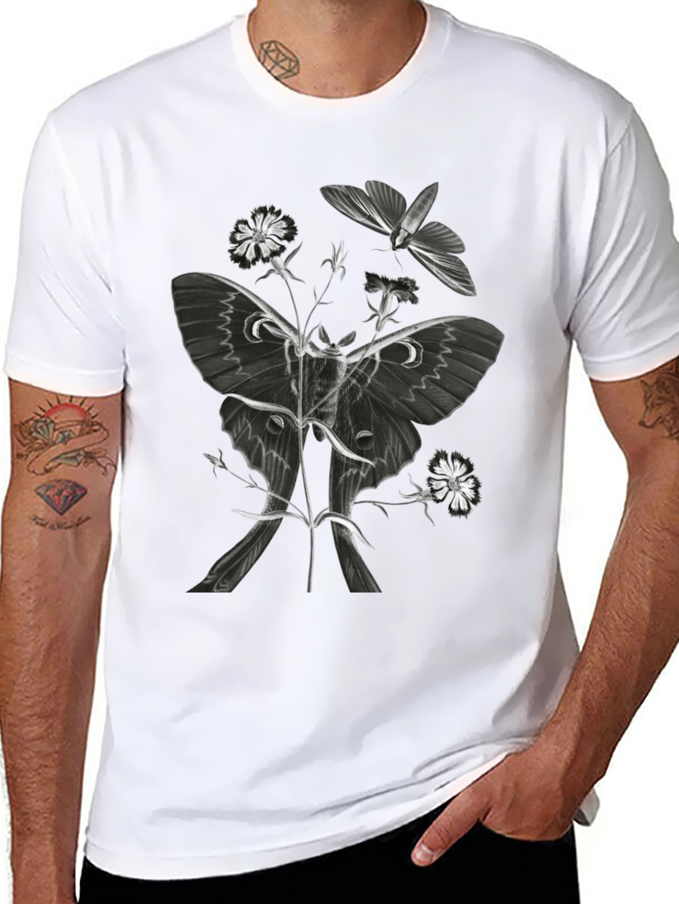 Moth & Floral Graphic T-Shirt - Black