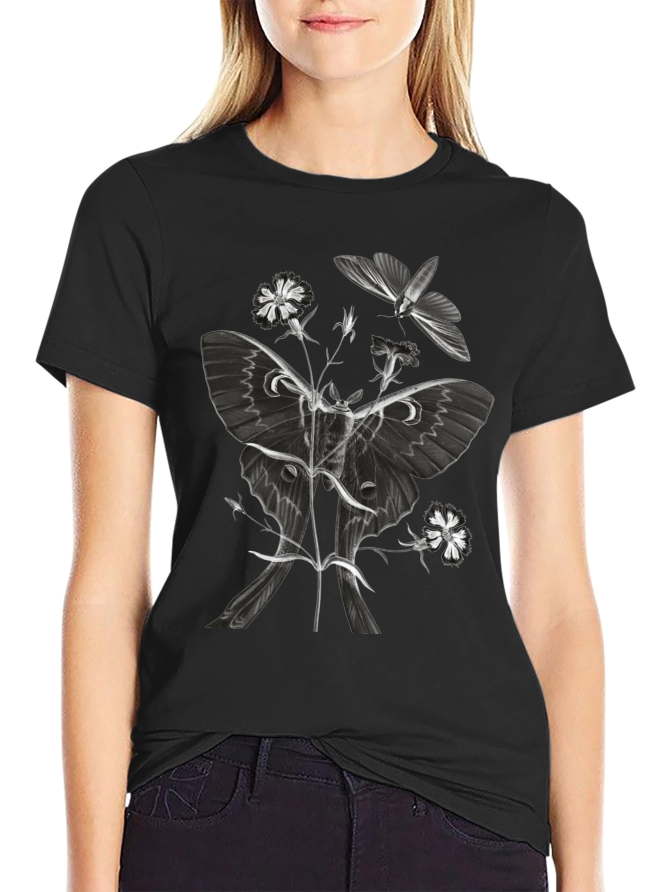 Moth & Floral Graphic T-Shirt - Black