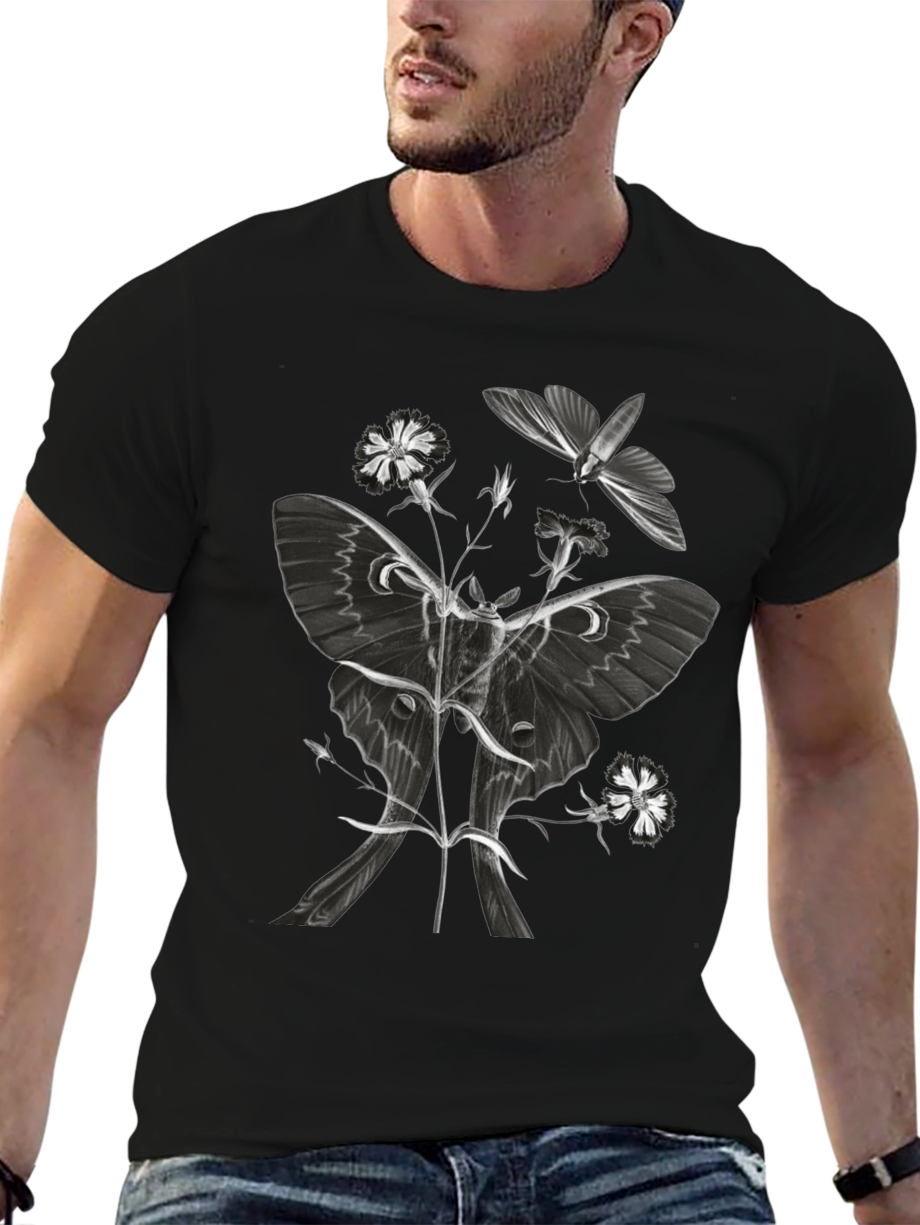 Moth & Floral Graphic T-Shirt - Black