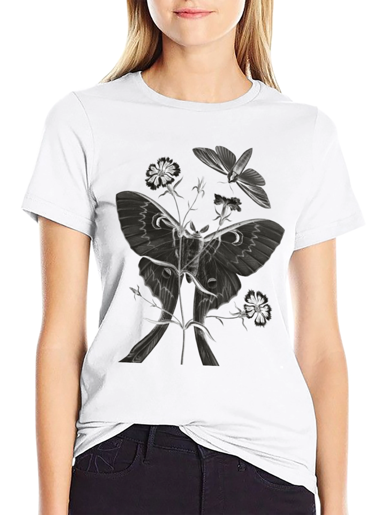 Moth & Floral Graphic T-Shirt - Black