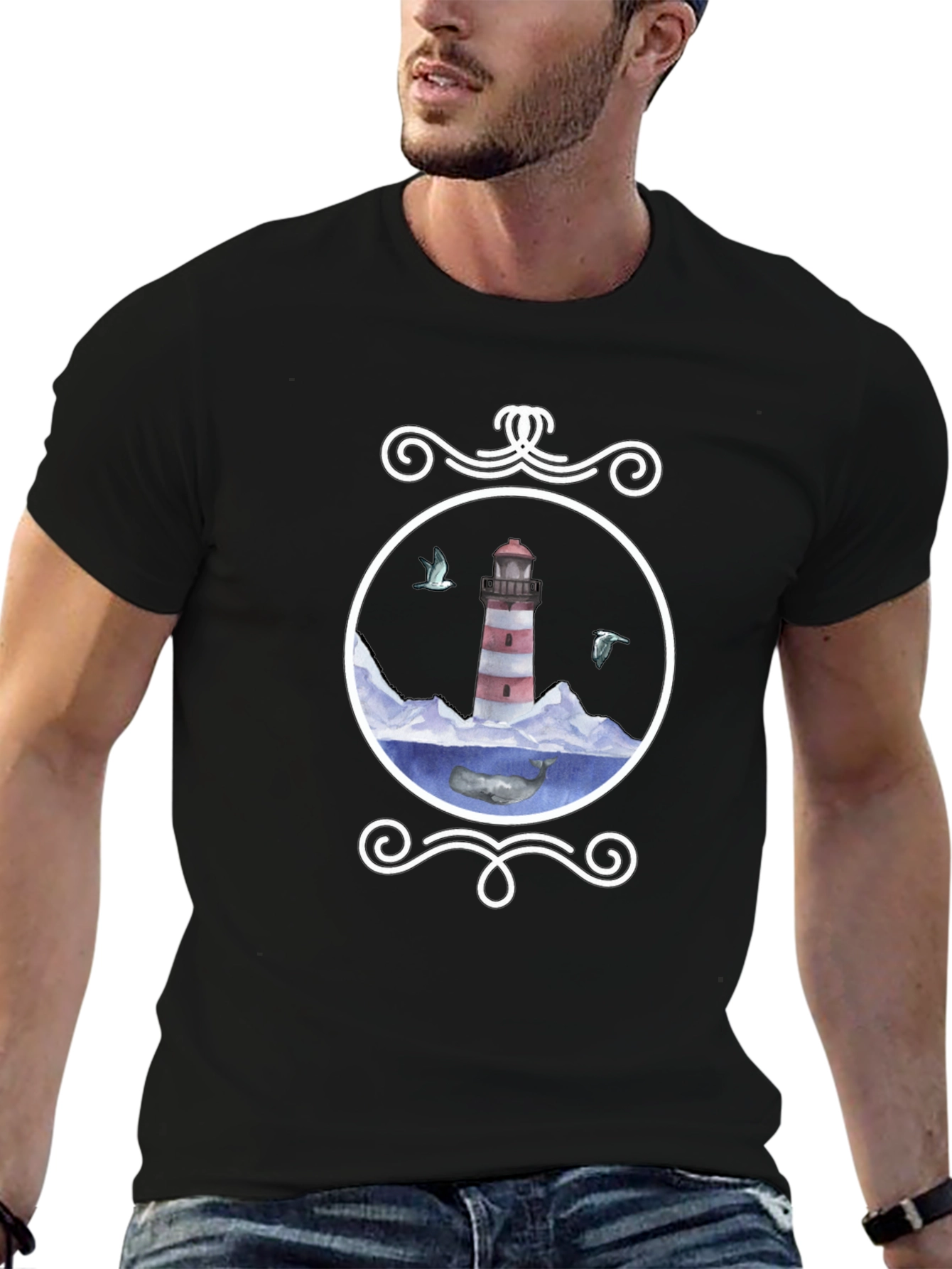 Nautical Lighthouse Whale Graphic Tee