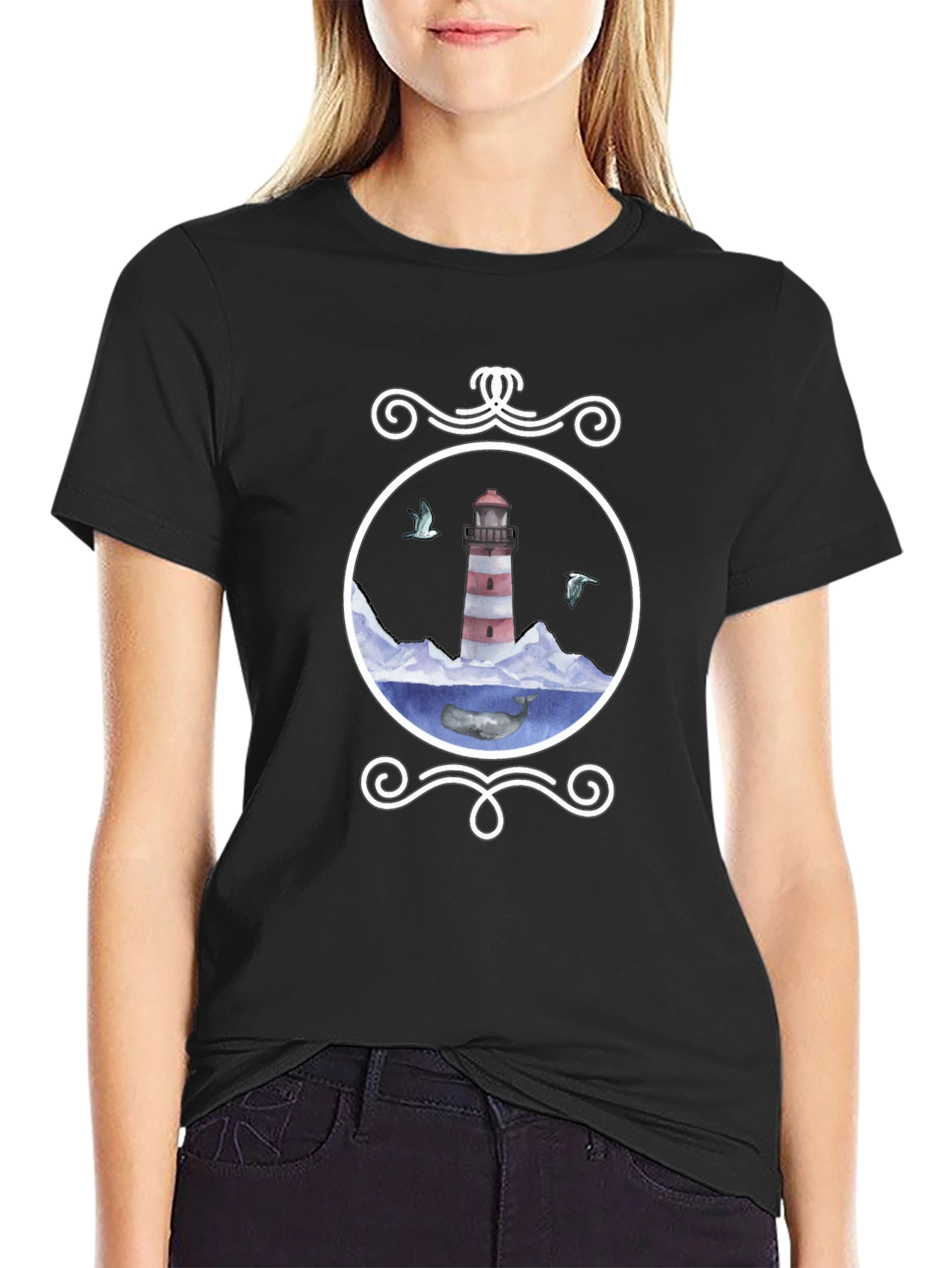 Nautical Lighthouse Whale Graphic Tee