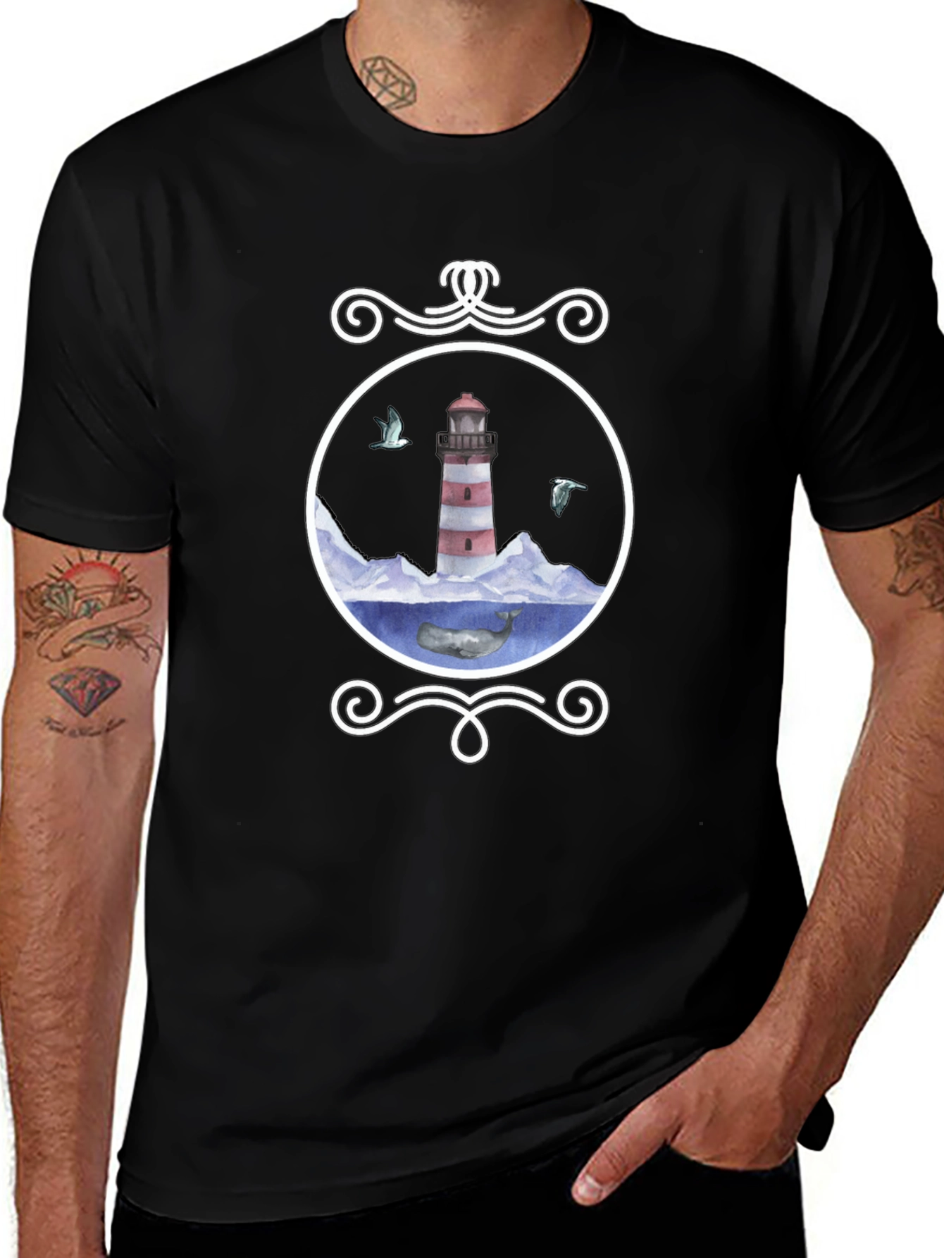 Nautical Lighthouse Whale Graphic Tee