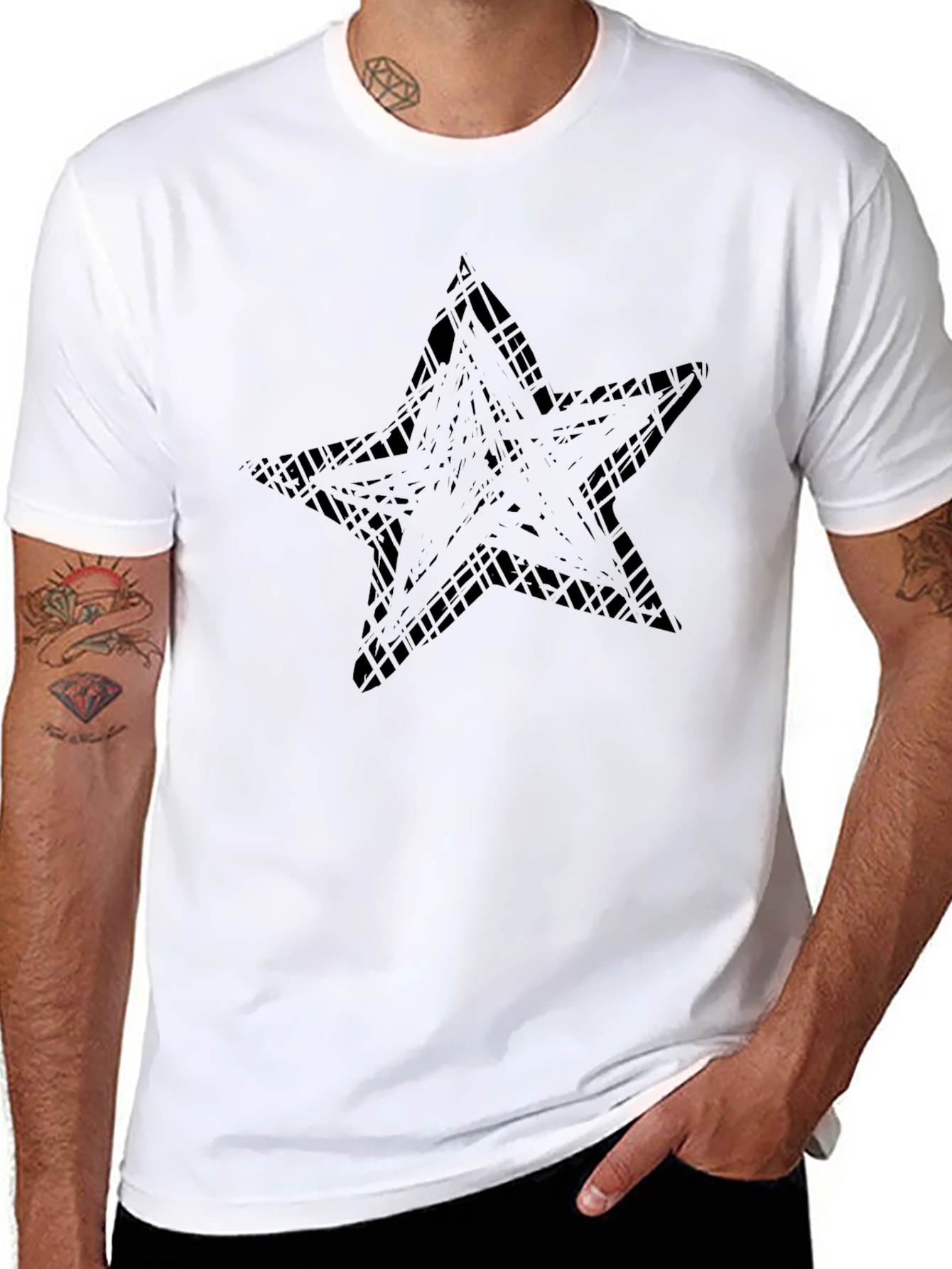 Abstract Star Graphic Tee - Black Cotton Casual Shirt