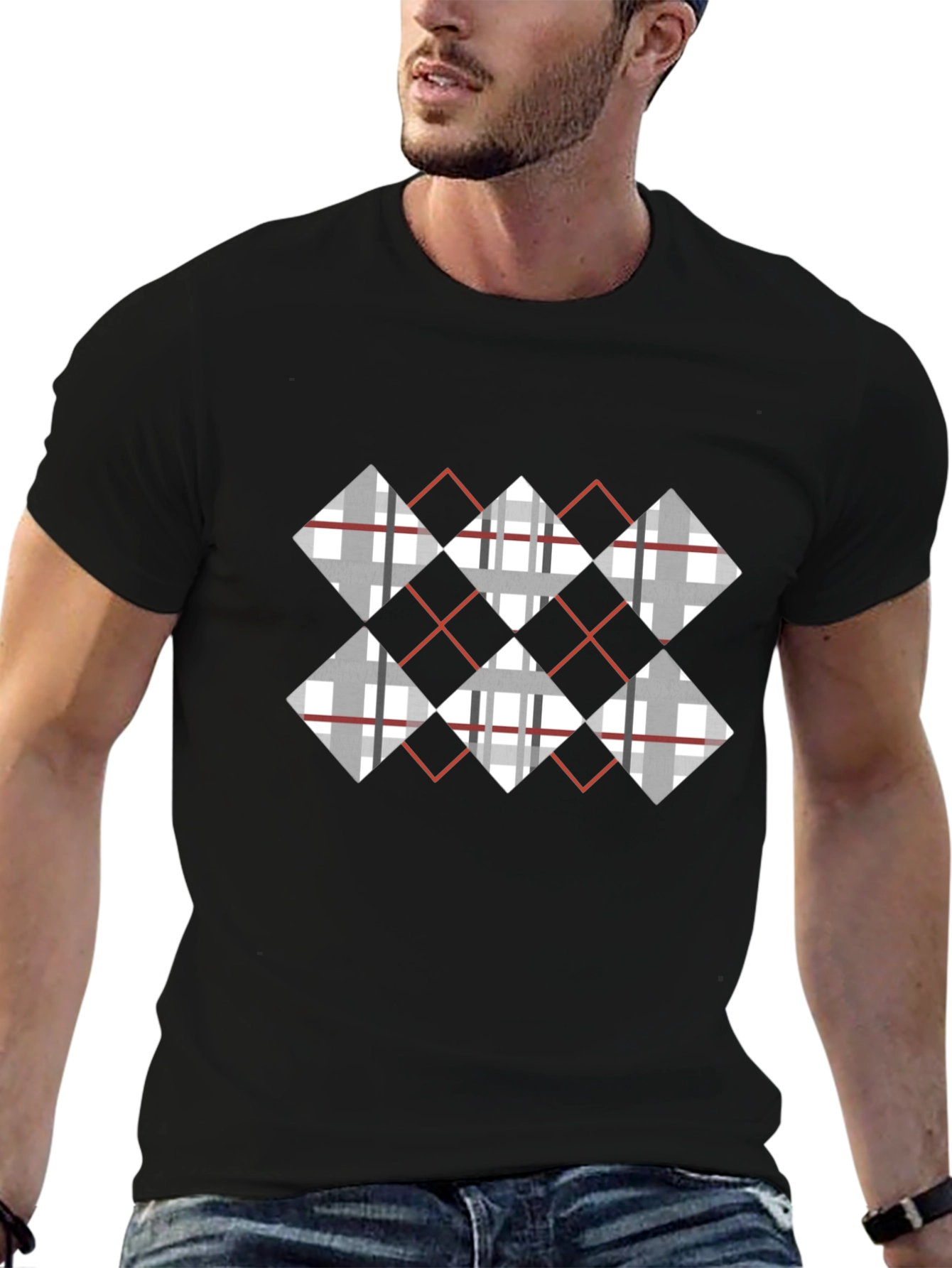 Argyle Diamond Pattern Black T-Shirt
