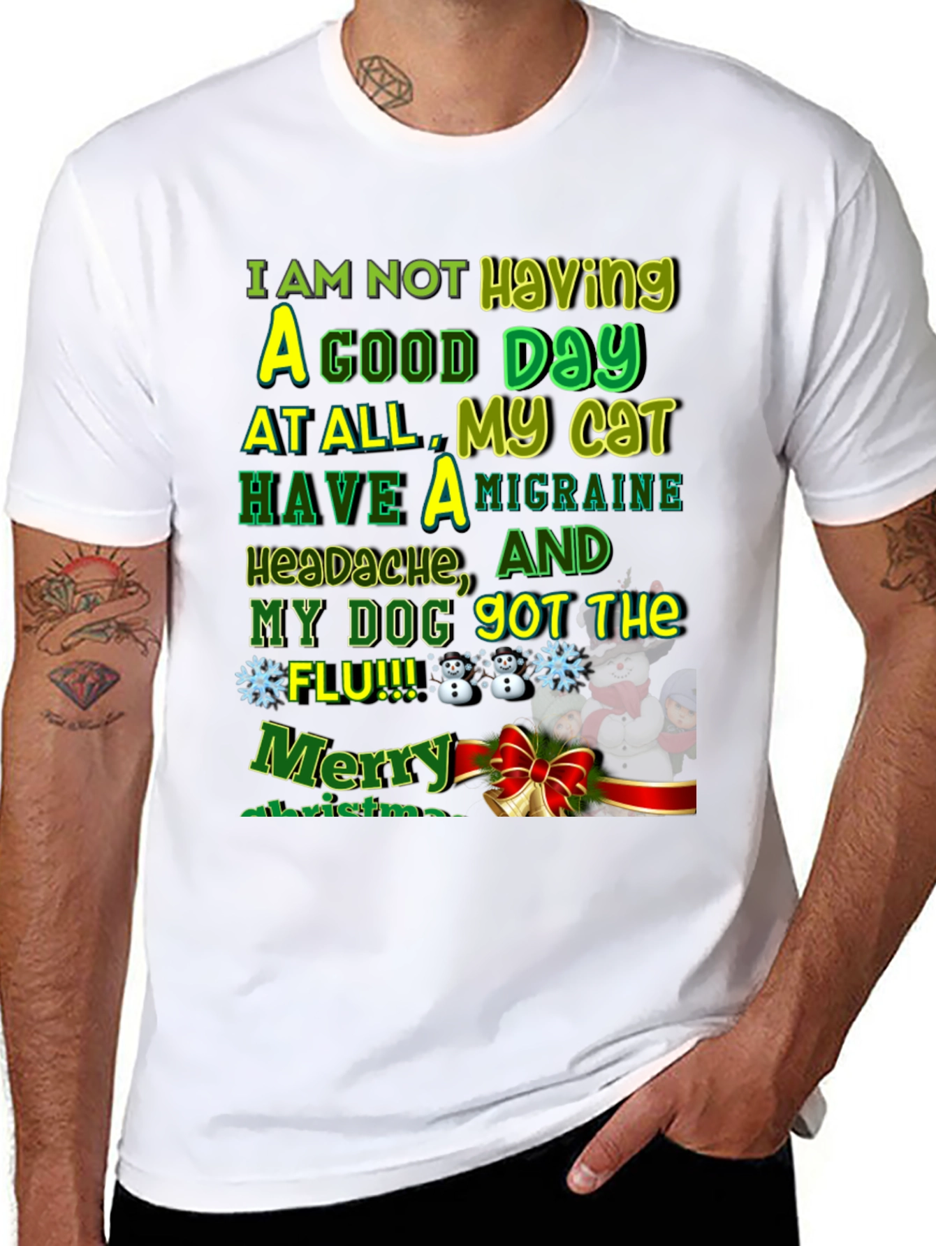 Funny Christmas Cat & Dog Flu Headache T-Shirt