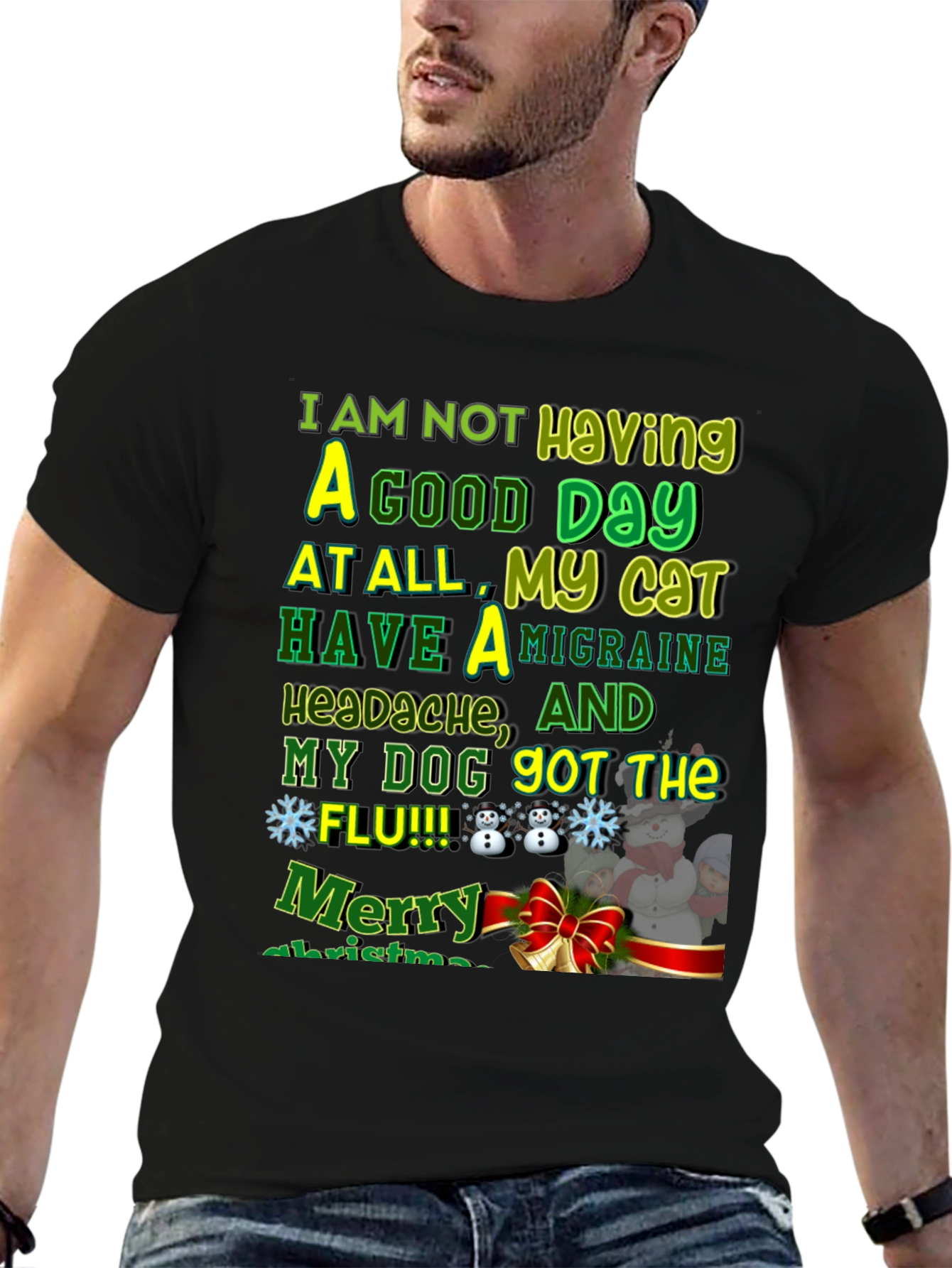 Funny Christmas Cat & Dog Flu Headache T-Shirt