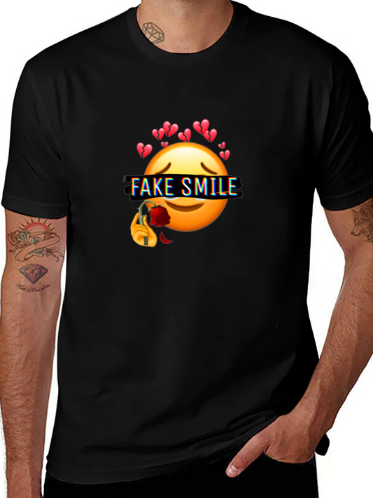 Emo Fake Smile Broken Heart Graphic Black T-Shirt