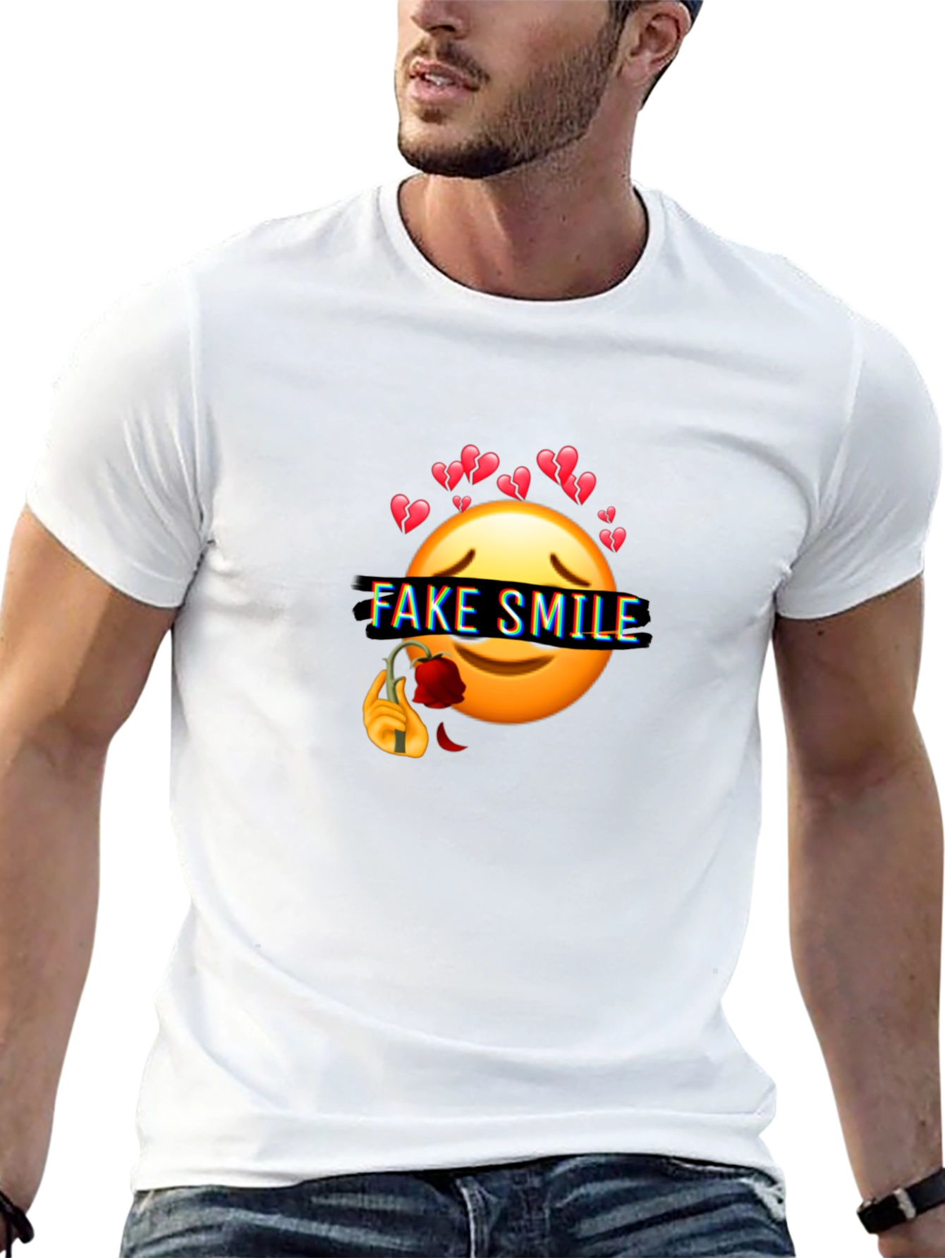 Emo Fake Smile Broken Heart Graphic Black T-Shirt