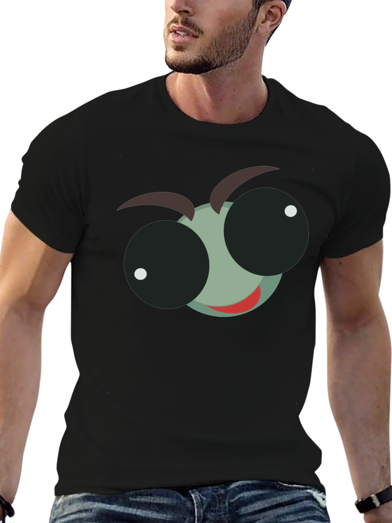 Cartoon Bug Eye Graphic T-Shirt - Black Cotton Tee