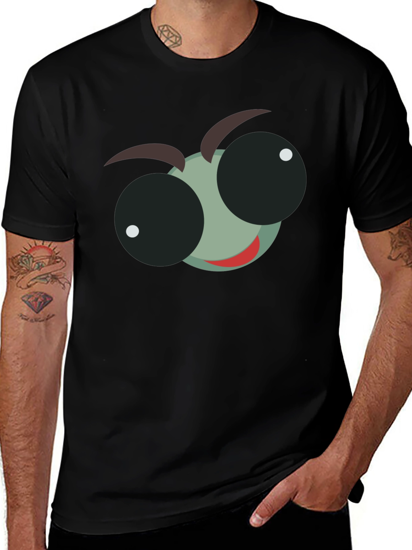 Cartoon Bug Eye Graphic T-Shirt - Black Cotton Tee