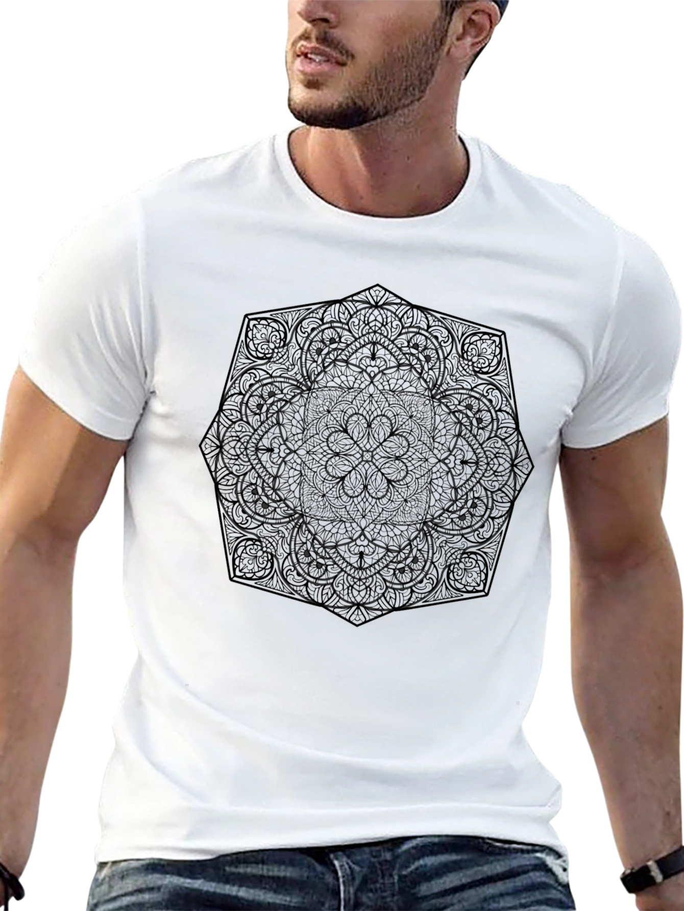 Black Mandala Print Mens T-Shirt