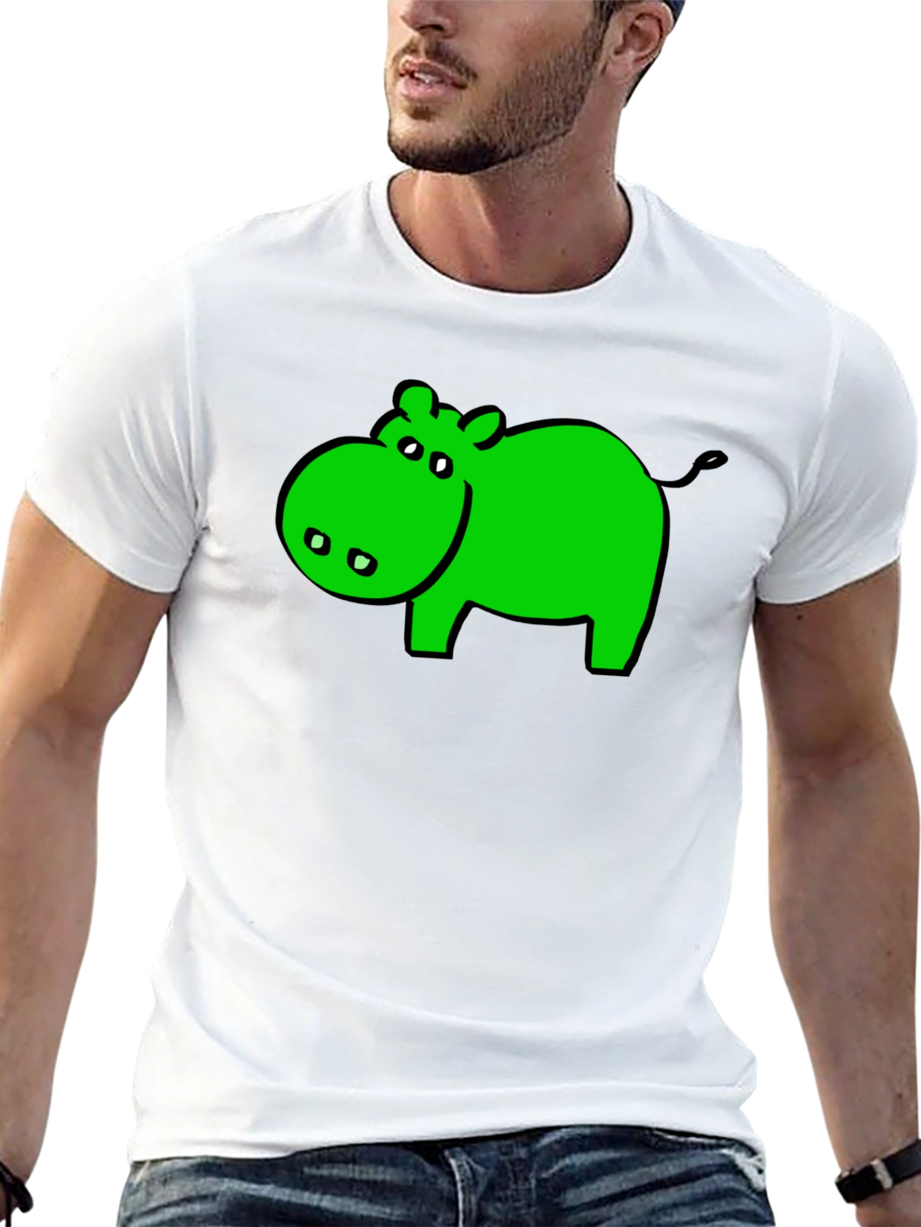 Green Hippo Graphic Black T-Shirt - Casual Wear