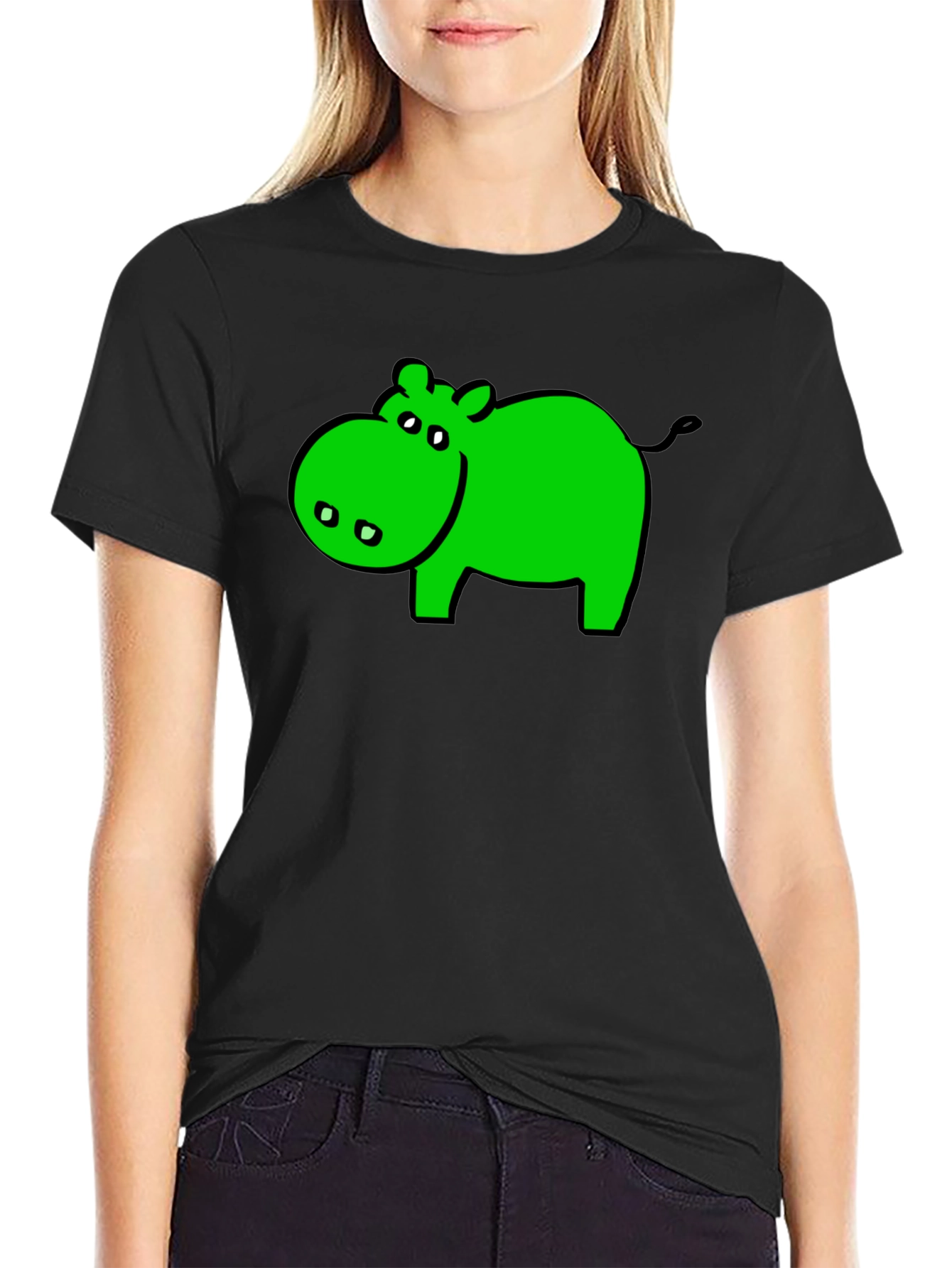 Green Hippo Graphic Black T-Shirt - Casual Wear