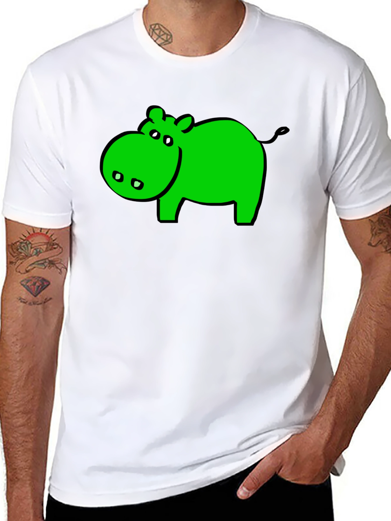 Green Hippo Graphic Black T-Shirt - Casual Wear