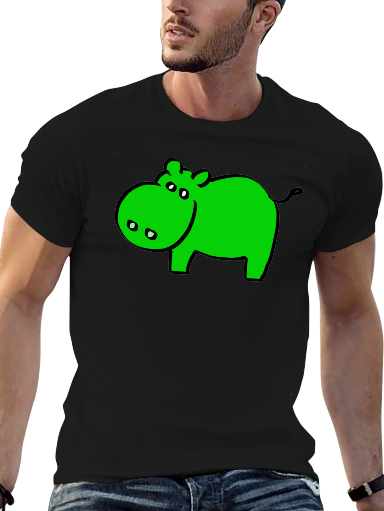 Green Hippo Graphic Black T-Shirt - Casual Wear