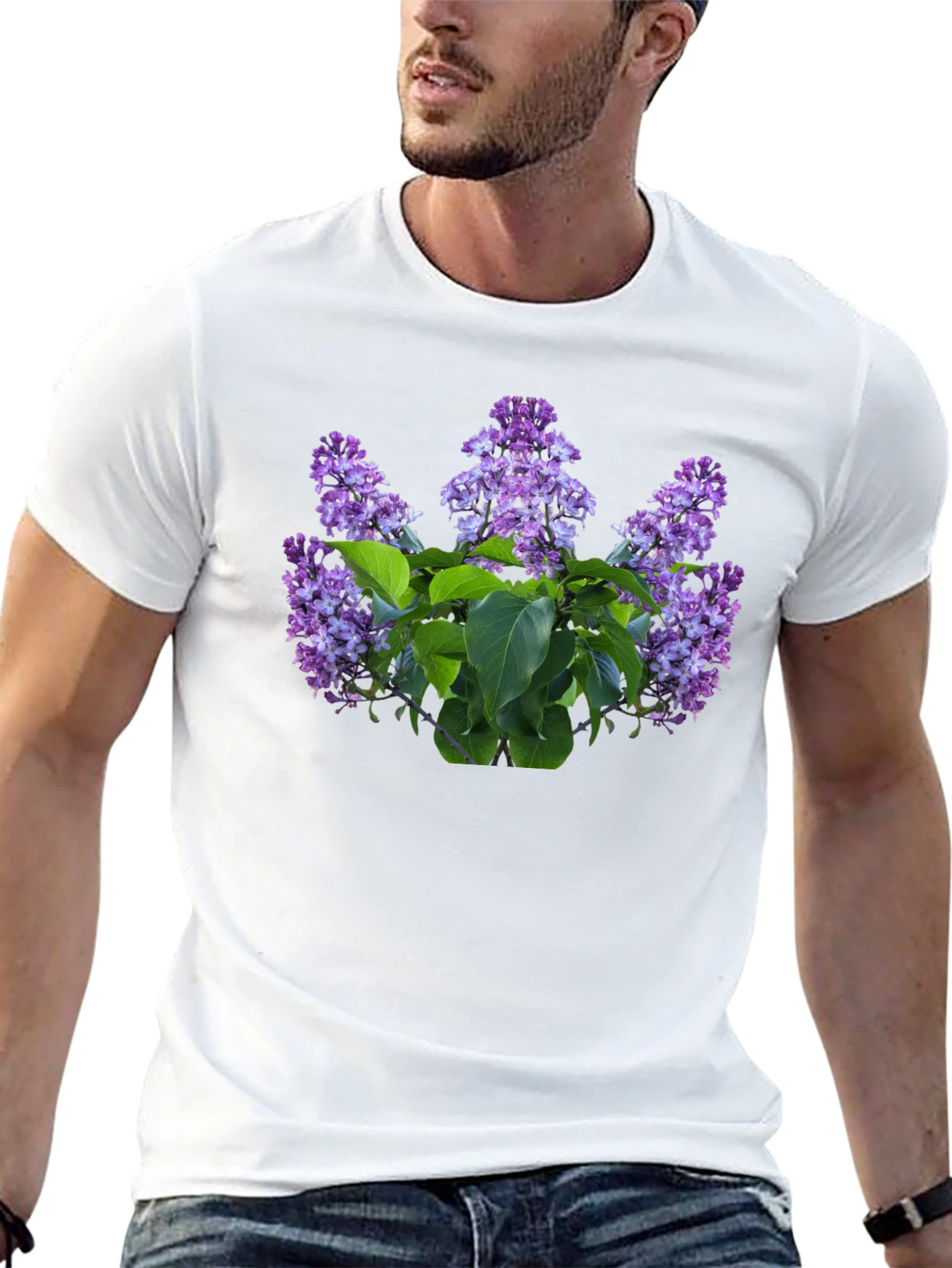 Lilac Floral Print Black T-Shirt