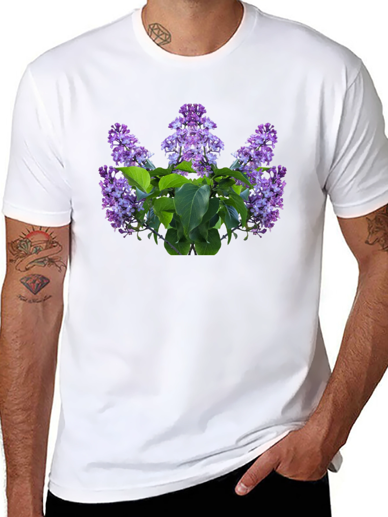 Lilac Floral Print Black T-Shirt