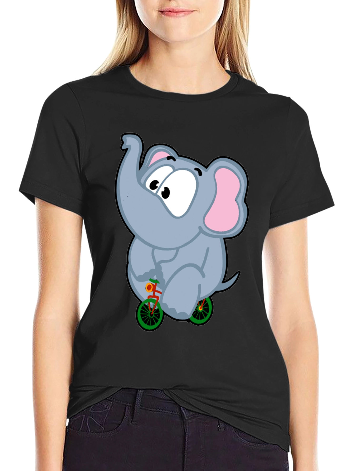 Elephant on Bike Graphic Tee - Fun Black T-Shirt