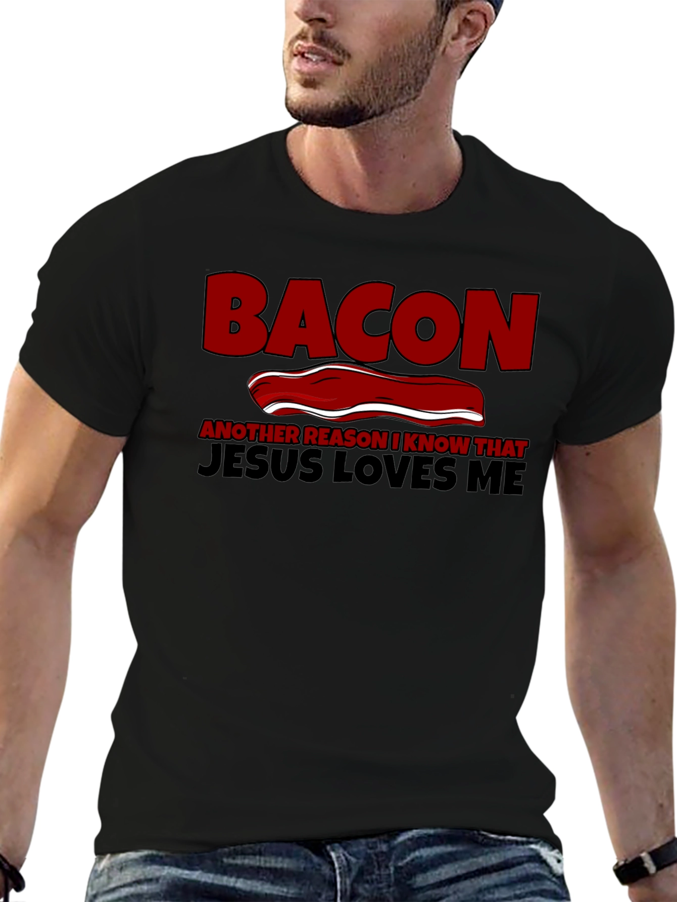Bacon Jesus Loves Me Black T-Shirt